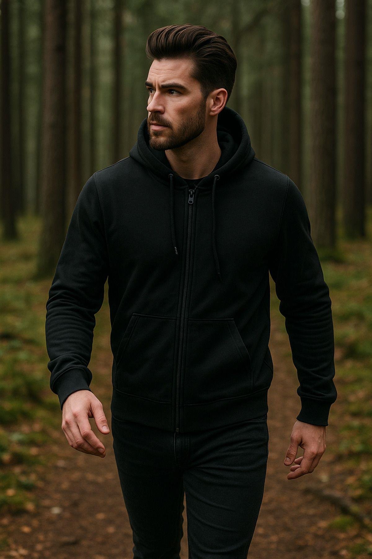 Erkek Kapüşonlu Pamuklu Sweatshirt Hırka Fermuarlı Rahat Kalıp Basic Hırka