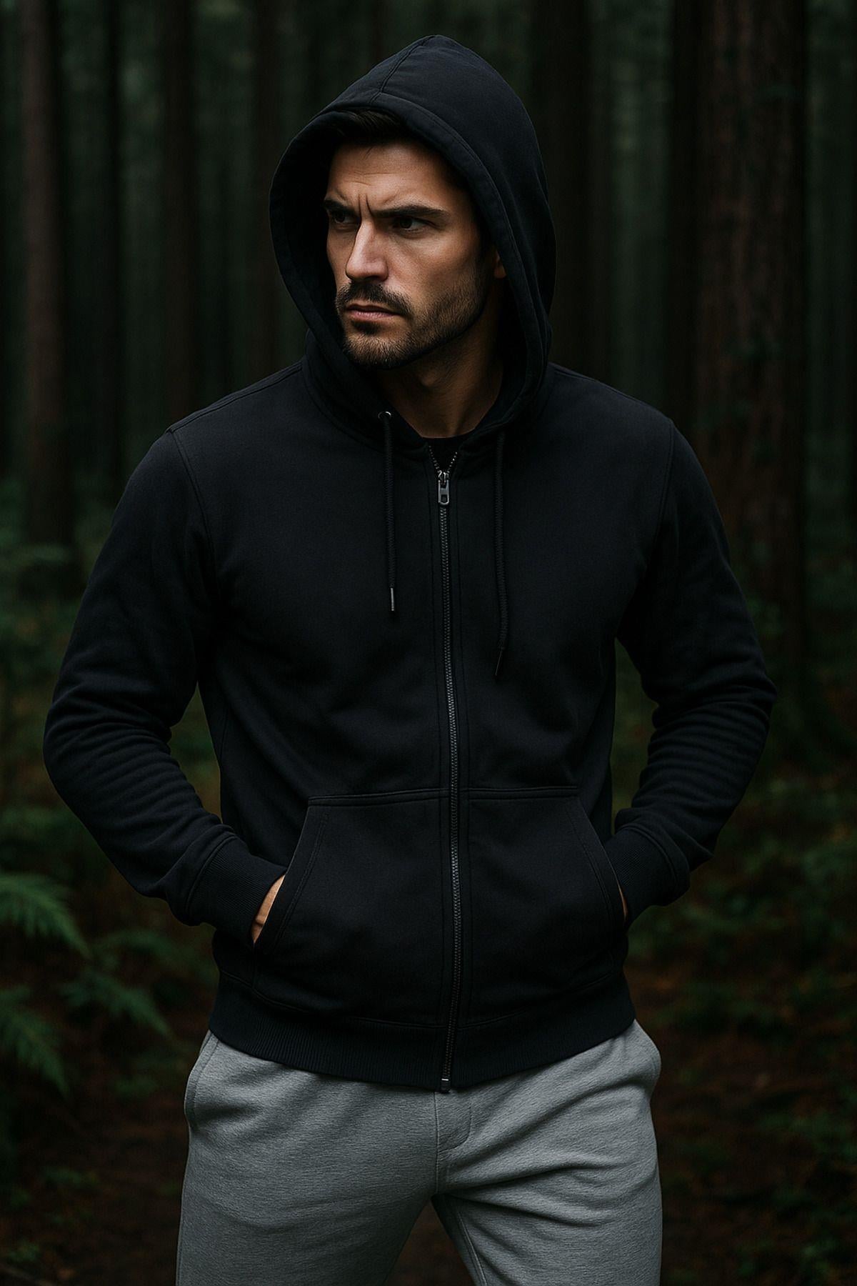 Erkek Kapüşonlu Pamuklu Sweatshirt Hırka Fermuarlı Rahat Kalıp Basic Hırka