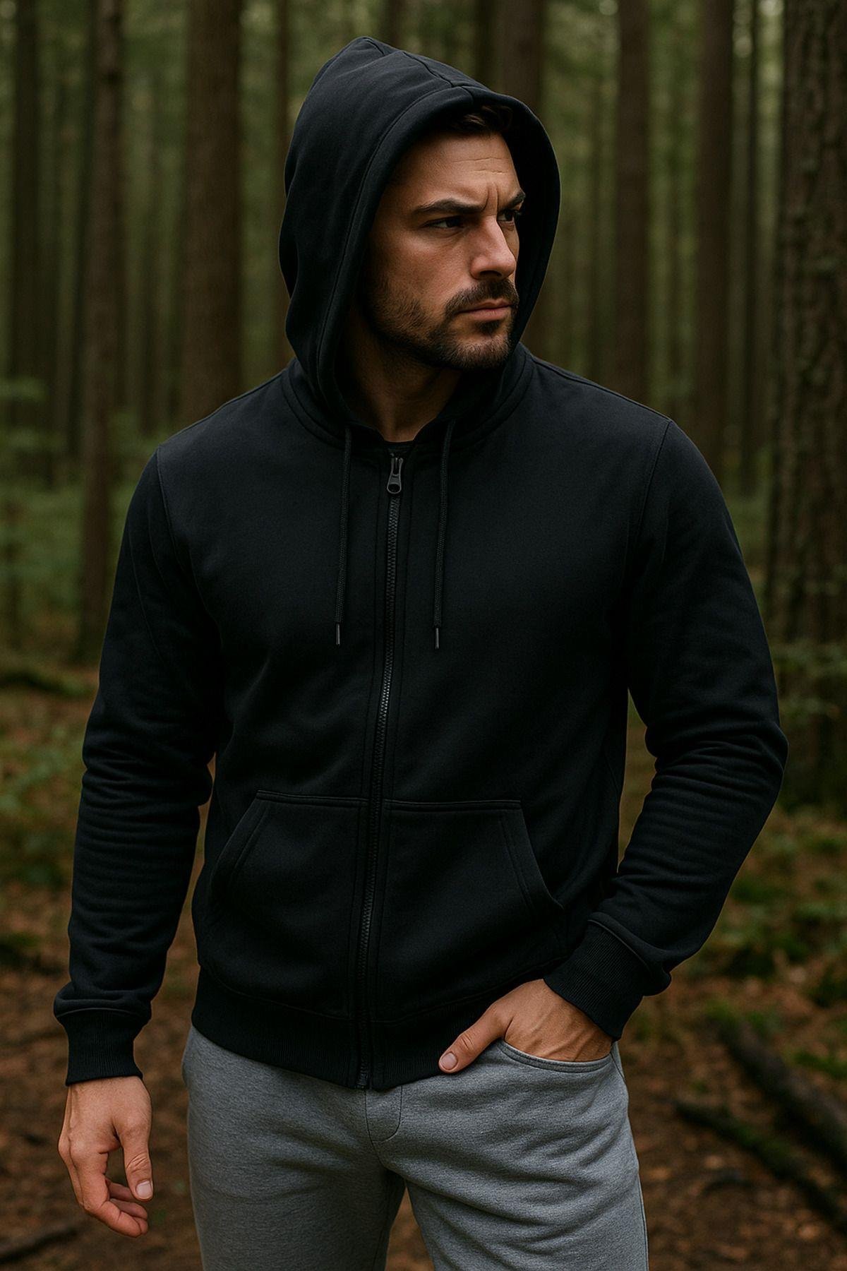 Erkek Kapüşonlu Pamuklu Sweatshirt Hırka Fermuarlı Rahat Kalıp Basic Hırka