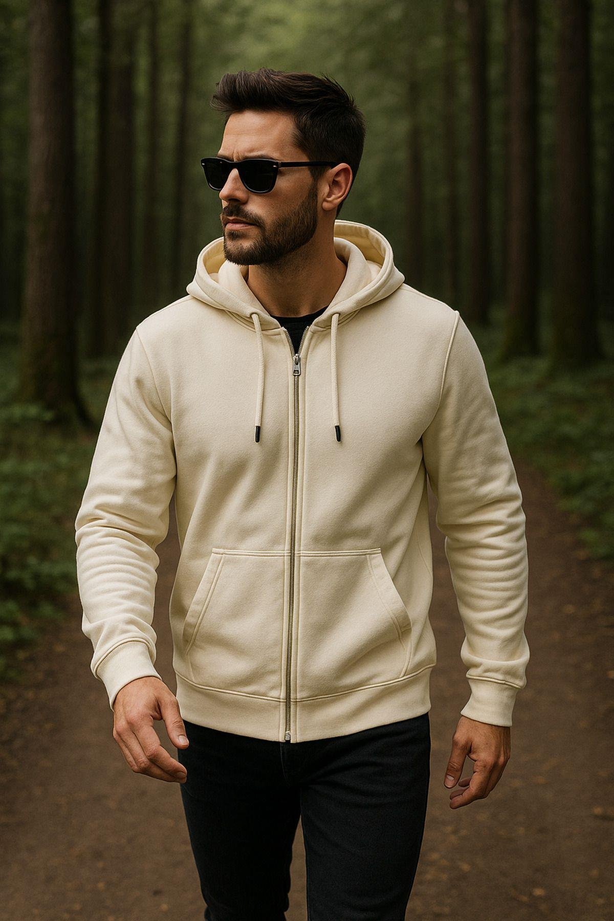 Erkek Kapüşonlu Pamuklu Sweatshirt Hırka Fermuarlı Rahat Kalıp Basic Hırka