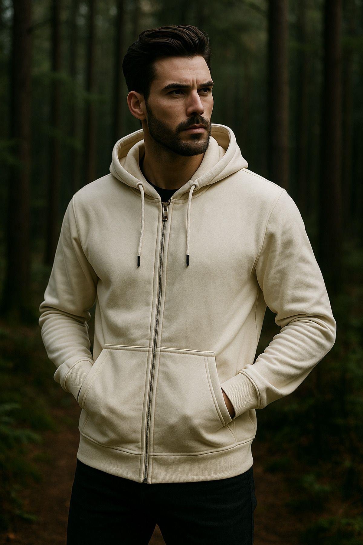 Erkek Kapüşonlu Pamuklu Sweatshirt Hırka Fermuarlı Rahat Kalıp Basic Hırka