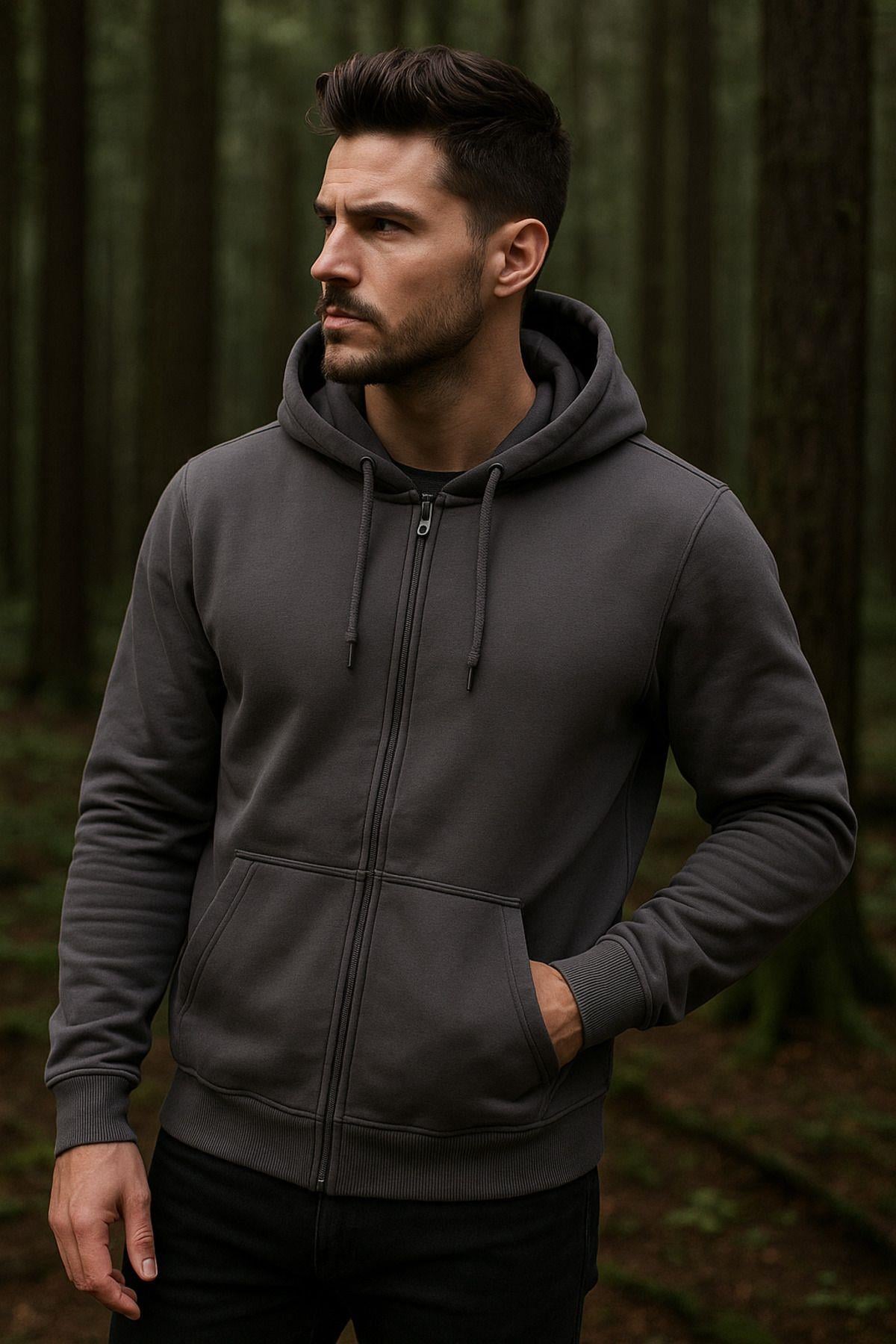 Erkek Kapüşonlu Pamuklu Sweatshirt Hırka Fermuarlı Rahat Kalıp Basic Hırka