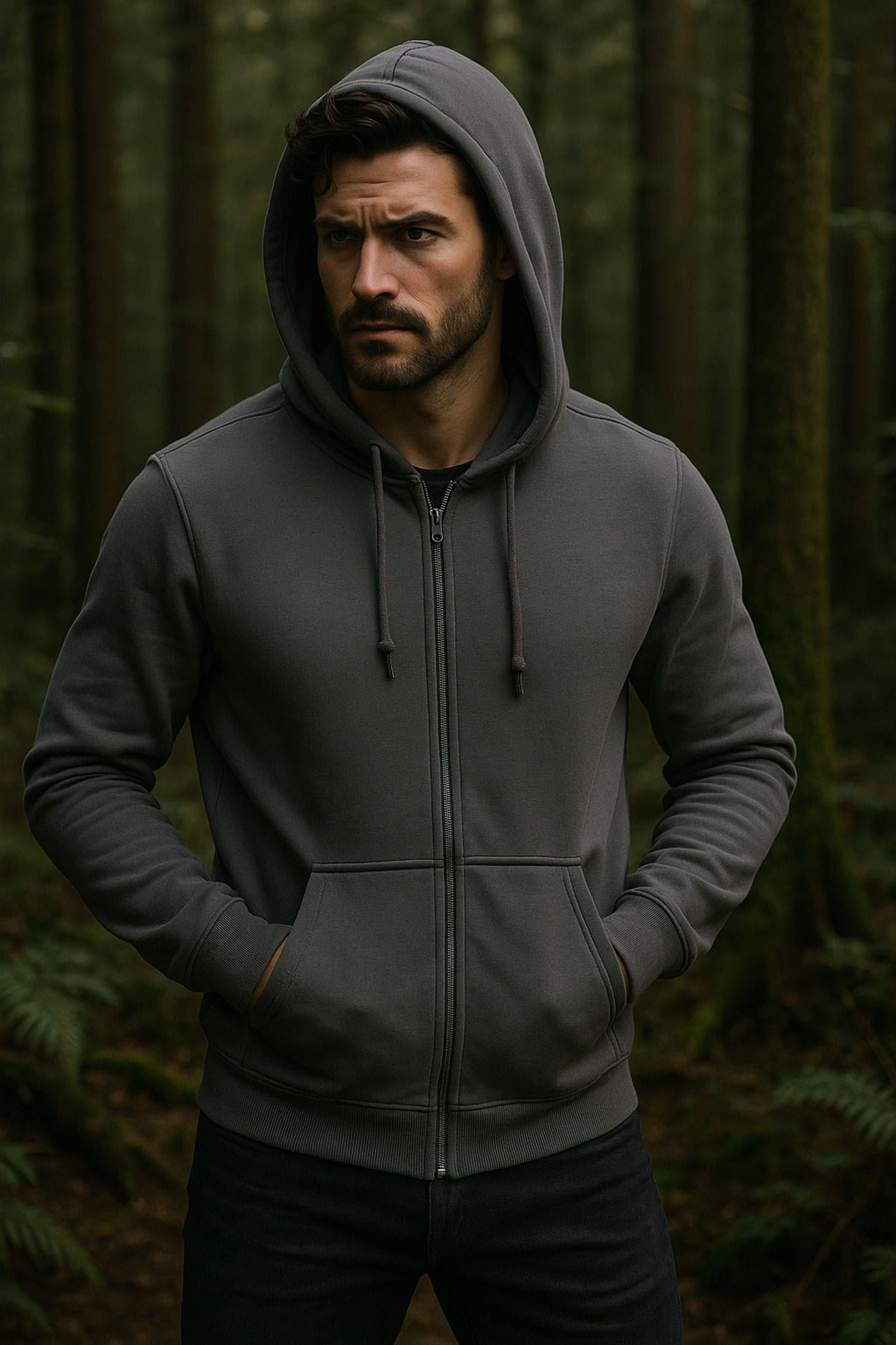Erkek Kapüşonlu Pamuklu Sweatshirt Hırka Fermuarlı Rahat Kalıp Basic Hırka