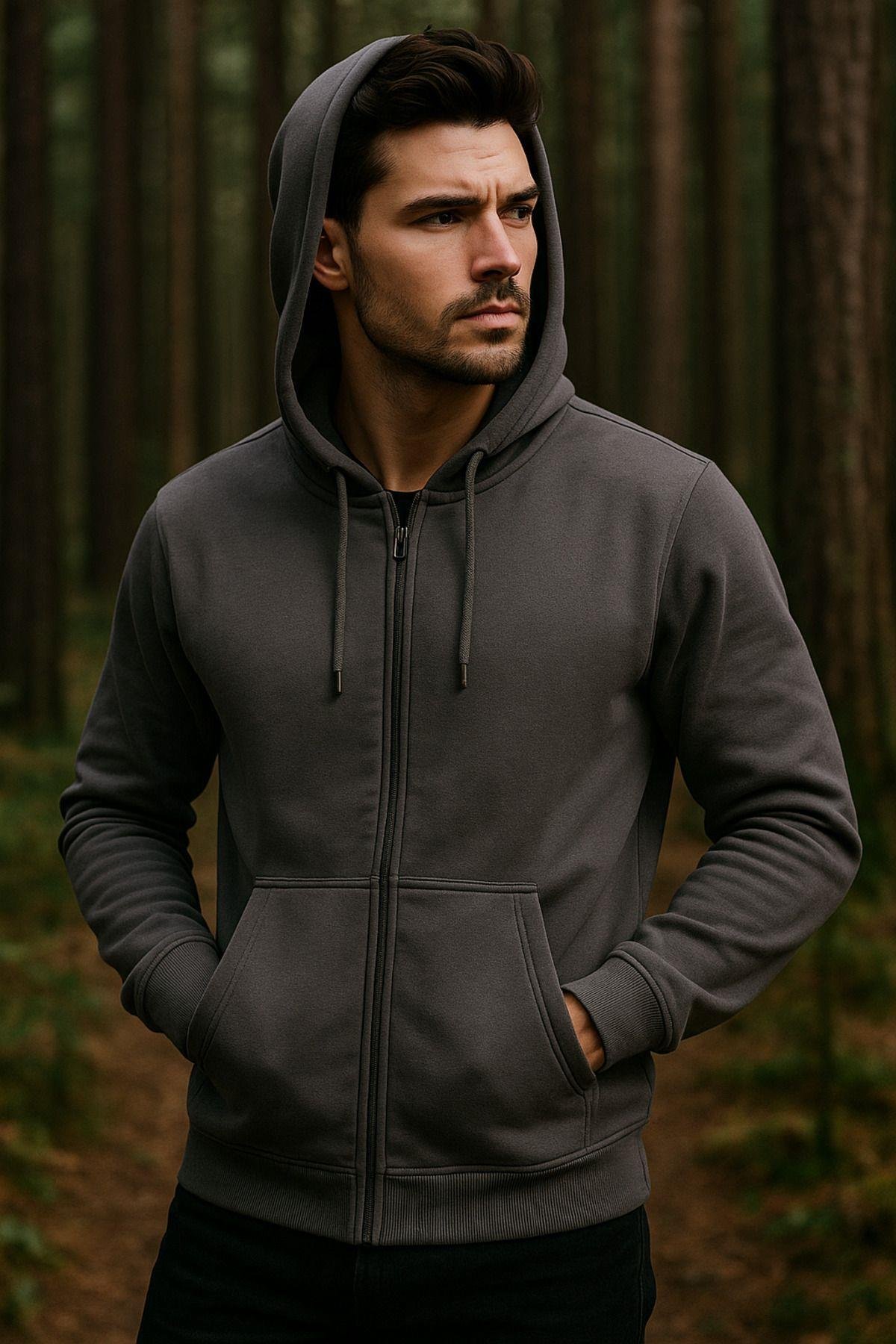 Erkek Kapüşonlu Pamuklu Sweatshirt Hırka Fermuarlı Rahat Kalıp Basic Hırka