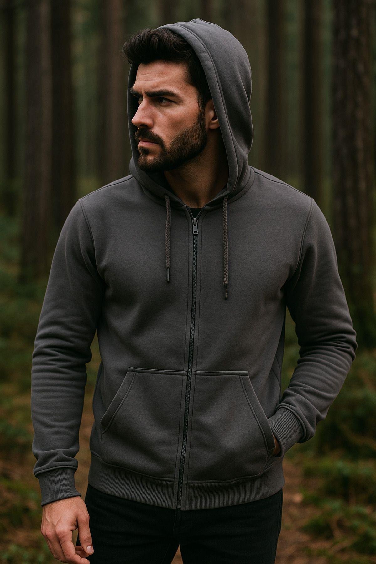 Erkek Kapüşonlu Pamuklu Sweatshirt Hırka Fermuarlı Rahat Kalıp Basic Hırka
