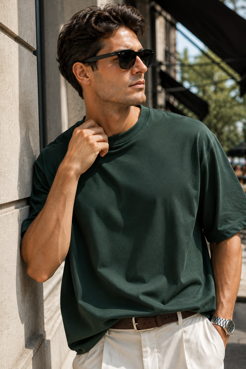 Erkek Koyu Yeşil Merserize İnterlok Kumaş Oversize T-Shirt