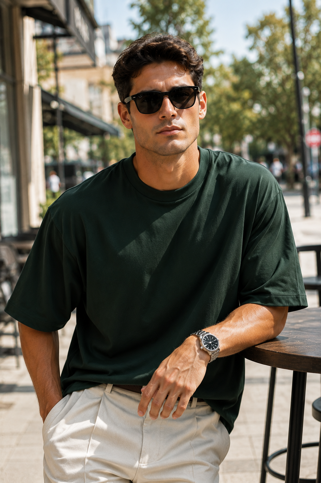 Erkek Koyu Yeşil Merserize İnterlok Kumaş Oversize T-Shirt