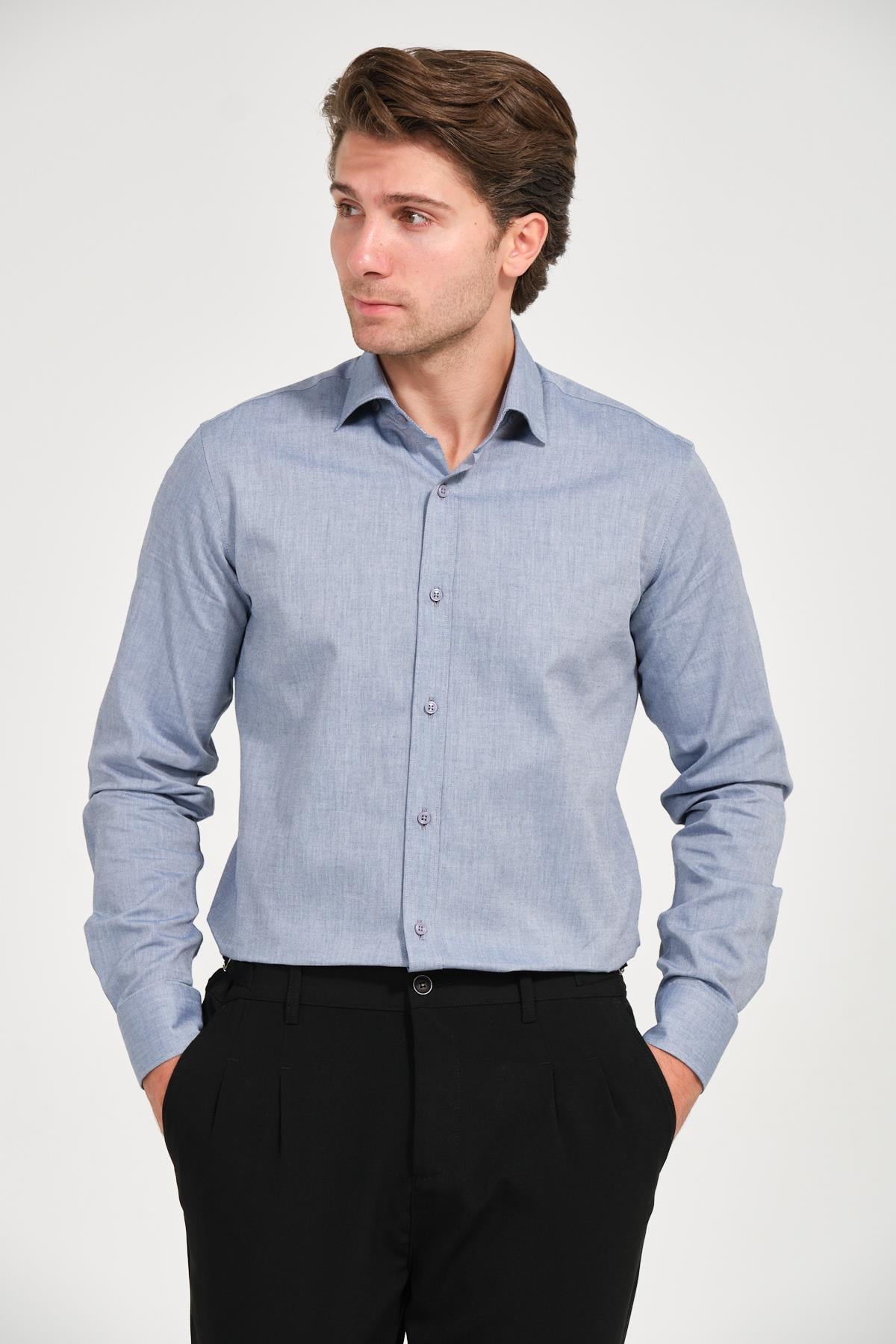 Erkek Lacivert Comfort Fit Uzun Kollu Gömlek