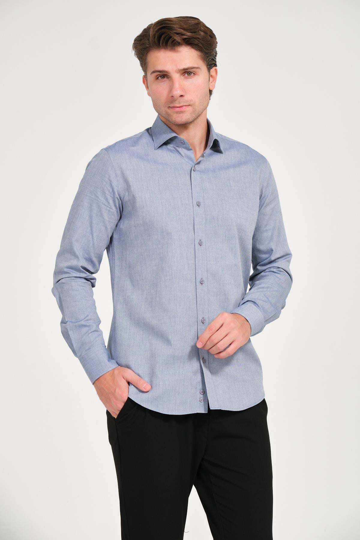 Erkek Lacivert Comfort Fit Uzun Kollu Gömlek