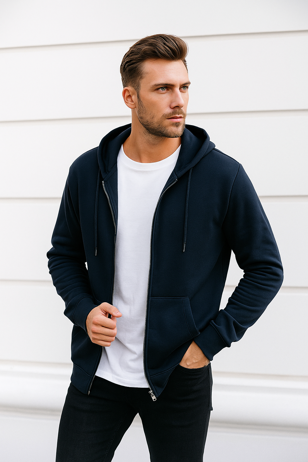 Erkek Lacivert Kapüşonlu Kanguru Cepli Fermuarlı Sweatshirt