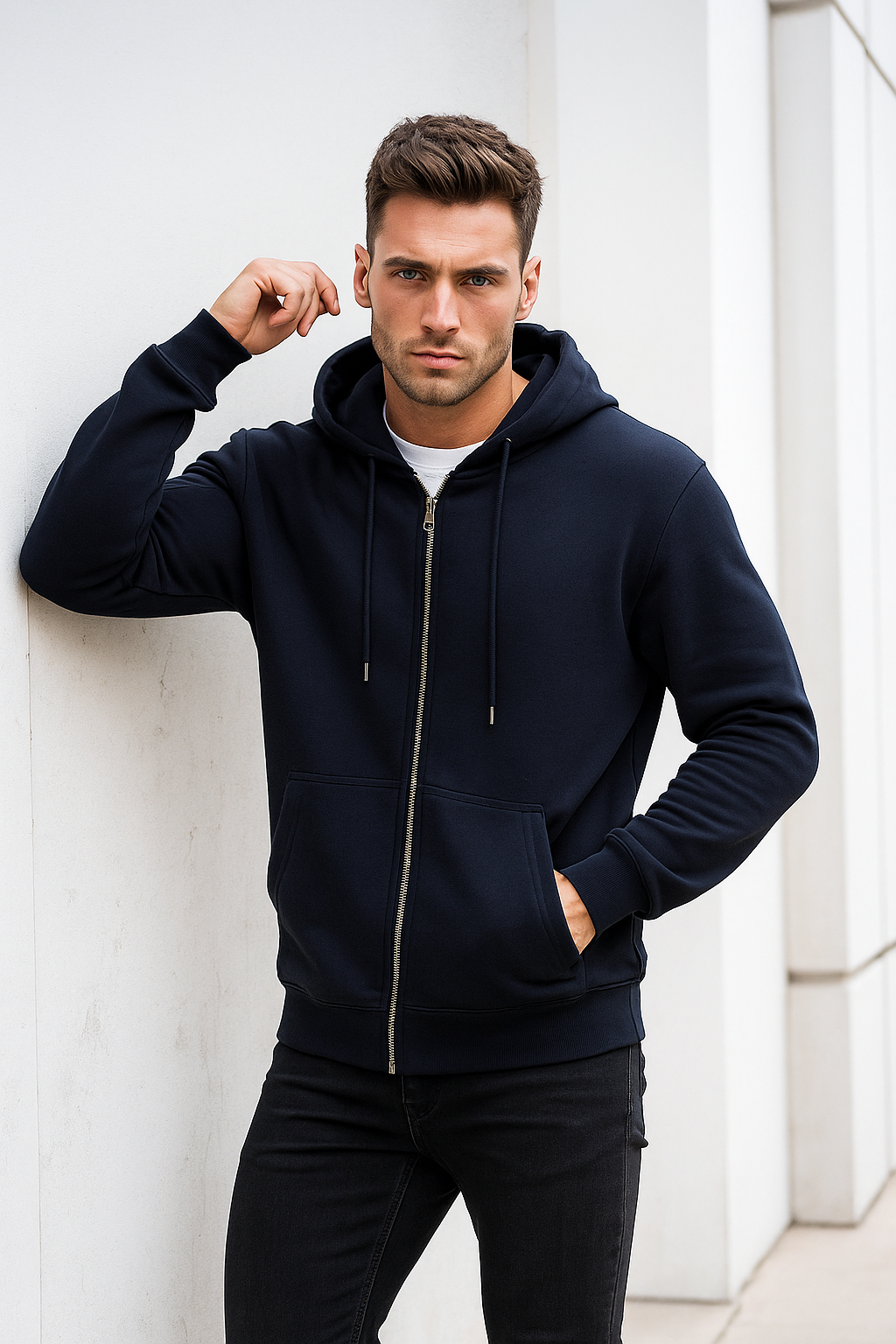 Erkek Lacivert Kapüşonlu Kanguru Cepli Fermuarlı Sweatshirt
