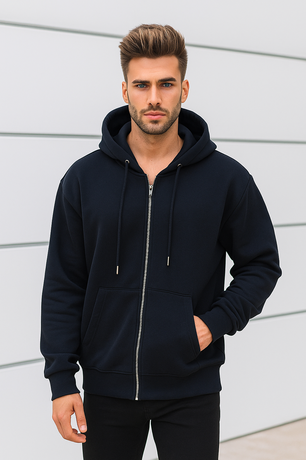 Erkek Lacivert Kapüşonlu Kanguru Cepli Fermuarlı Sweatshirt