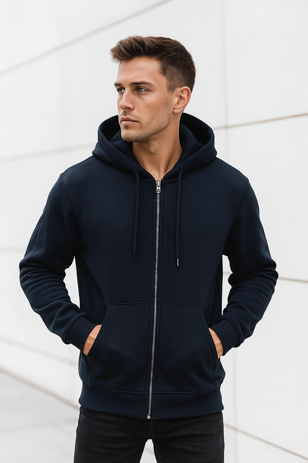 Erkek Lacivert Kapüşonlu Kanguru Cepli Fermuarlı Sweatshirt