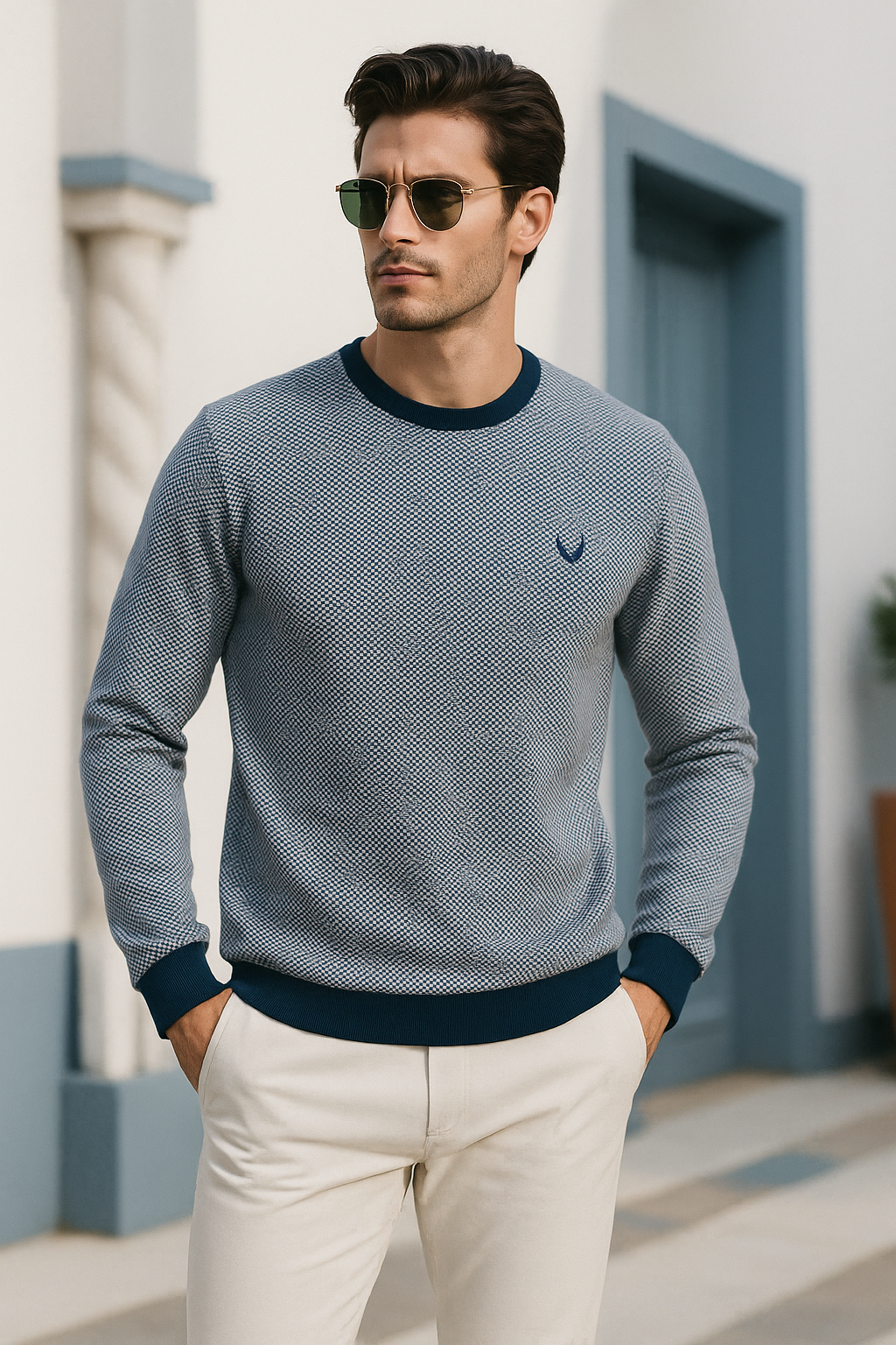 Erkek Lacivert Kare Desenli Bisiklet Yaka Sweatshirt