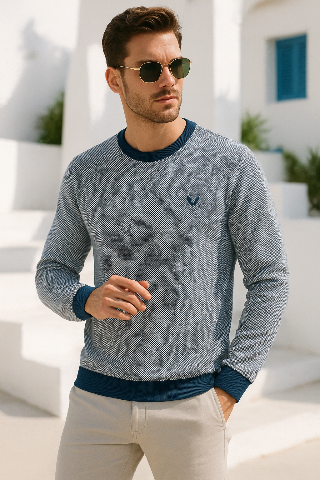 Erkek Lacivert Kare Desenli Bisiklet Yaka Sweatshirt