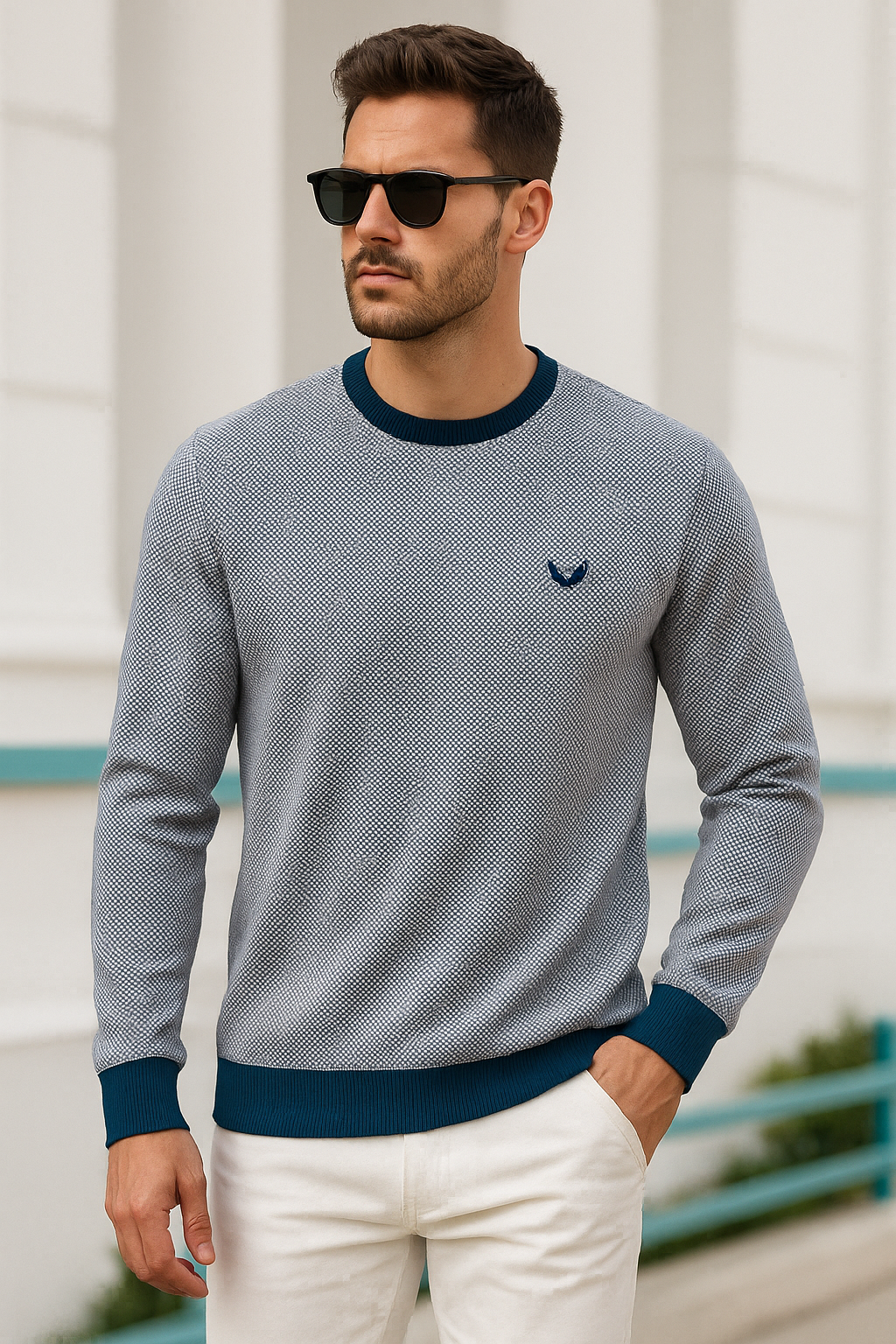 Erkek Lacivert Kare Desenli Bisiklet Yaka Sweatshirt