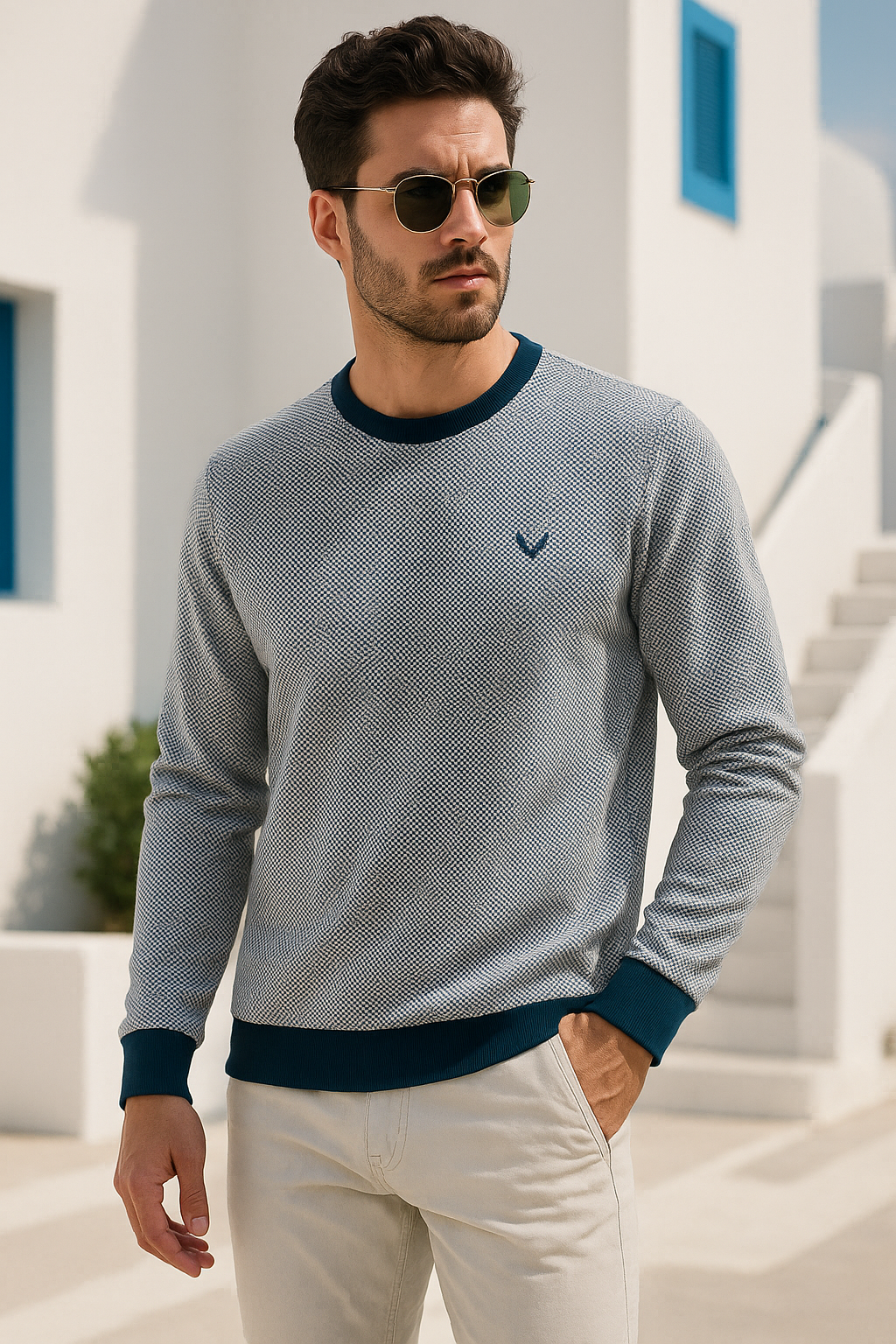 Erkek Lacivert Kare Desenli Bisiklet Yaka Sweatshirt