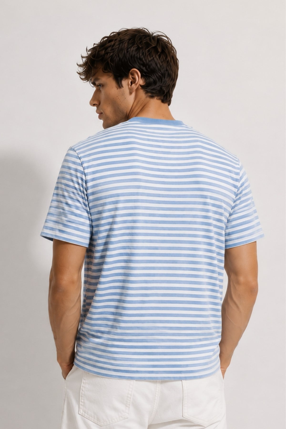 Erkek Mavi Çizgili Yumuşak Dokulu Pamuklu Basic T-Shirt