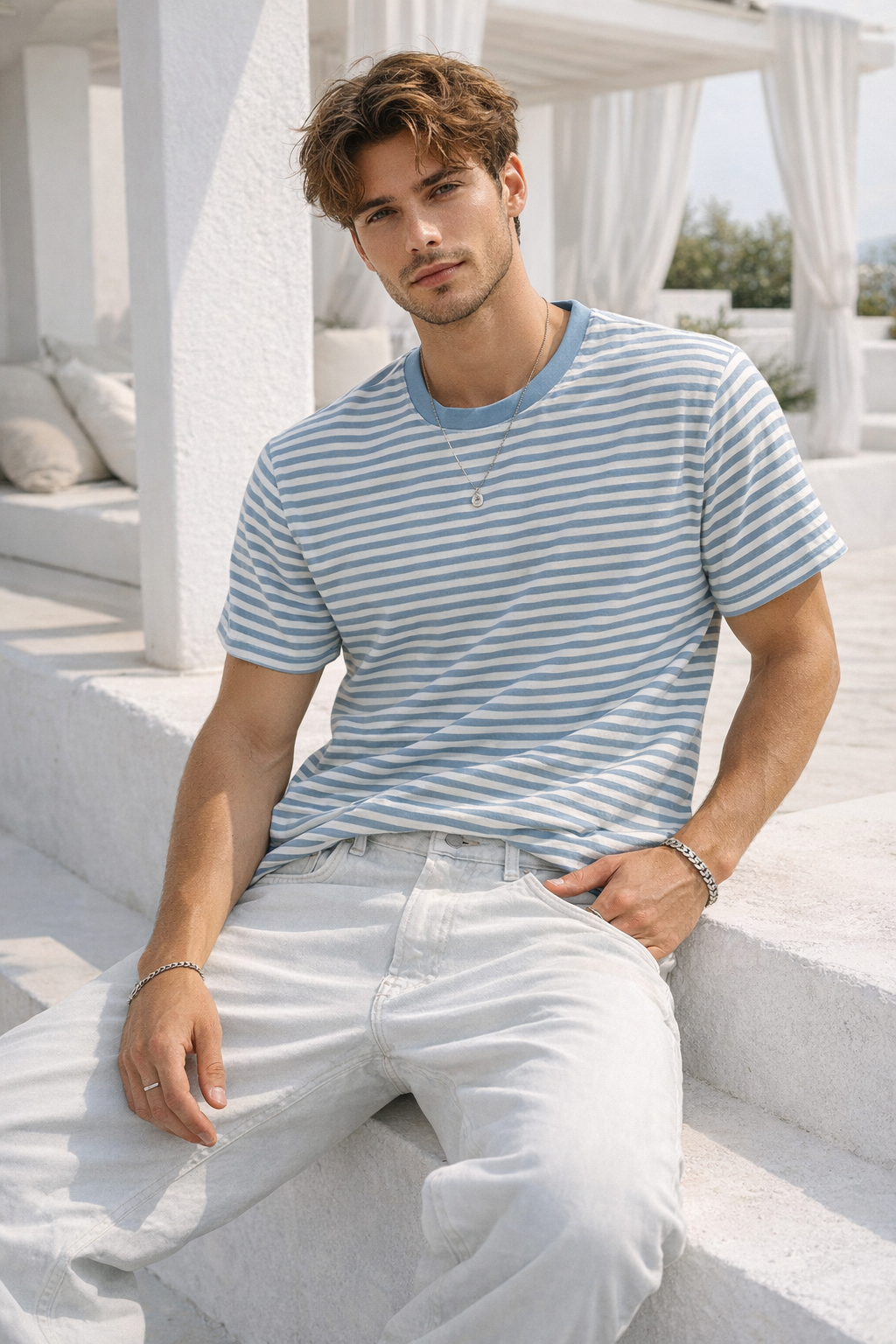 Erkek Mavi Çizgili Yumuşak Dokulu Pamuklu Basic T-Shirt
