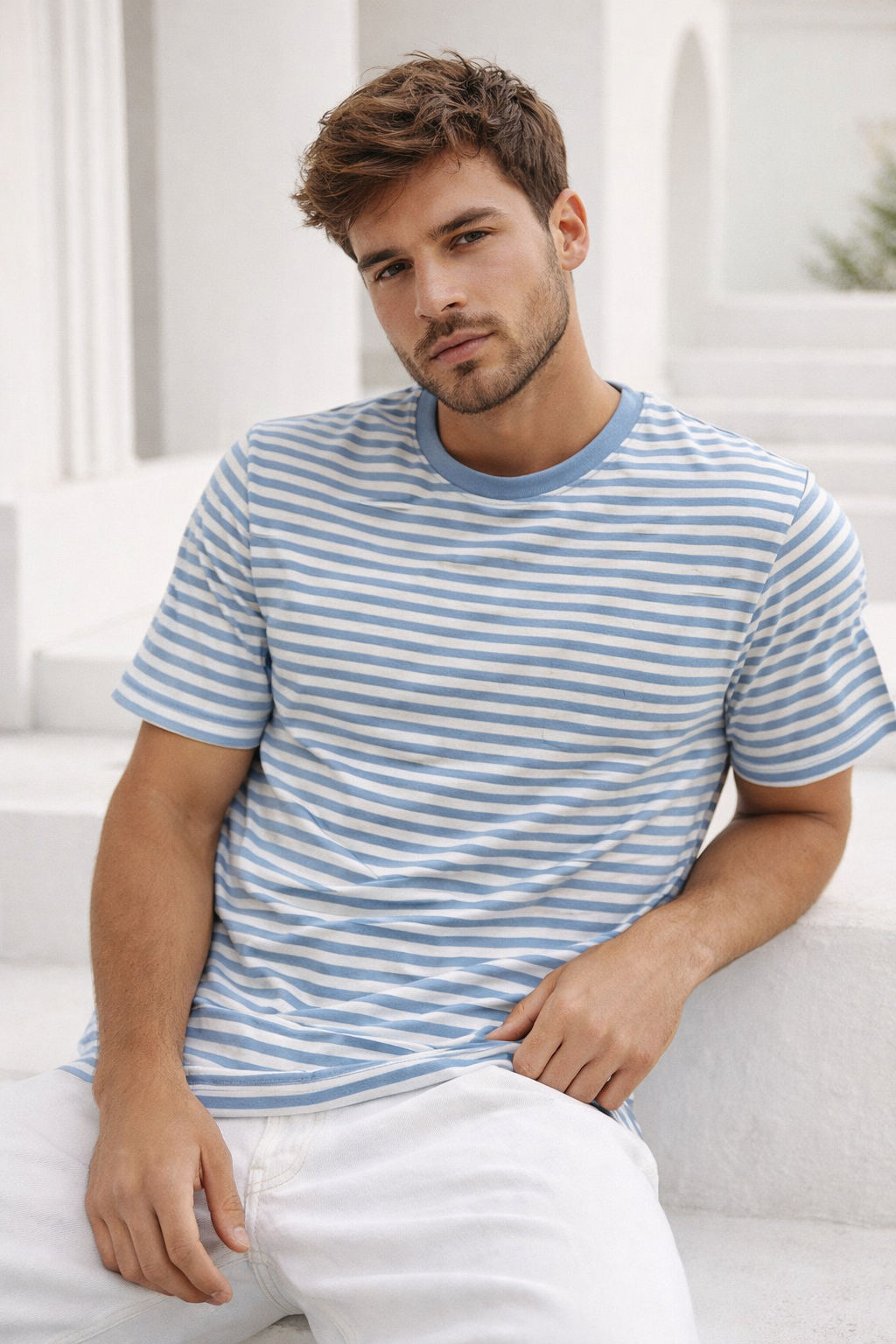 Erkek Mavi Çizgili Yumuşak Dokulu Pamuklu Basic T-Shirt
