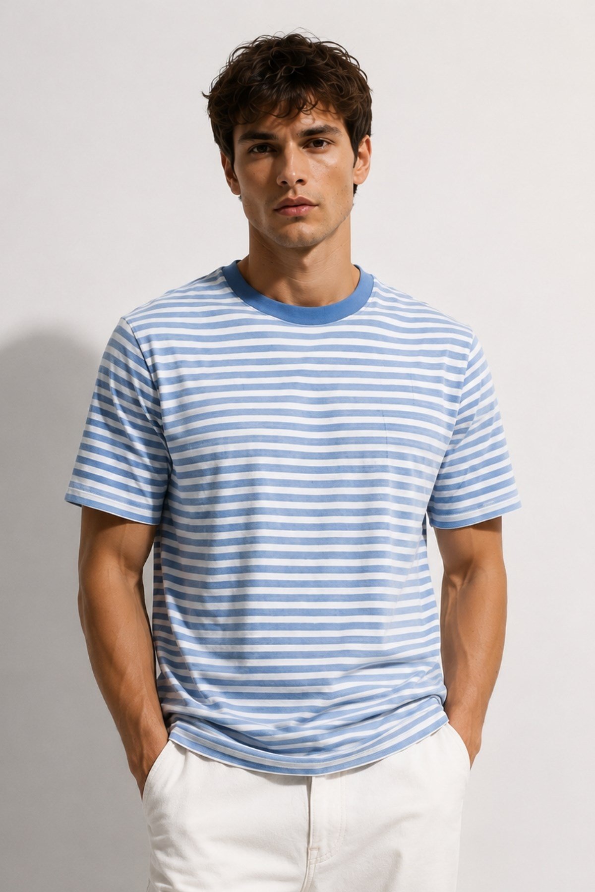 Erkek Mavi Çizgili Yumuşak Dokulu Pamuklu Basic T-Shirt