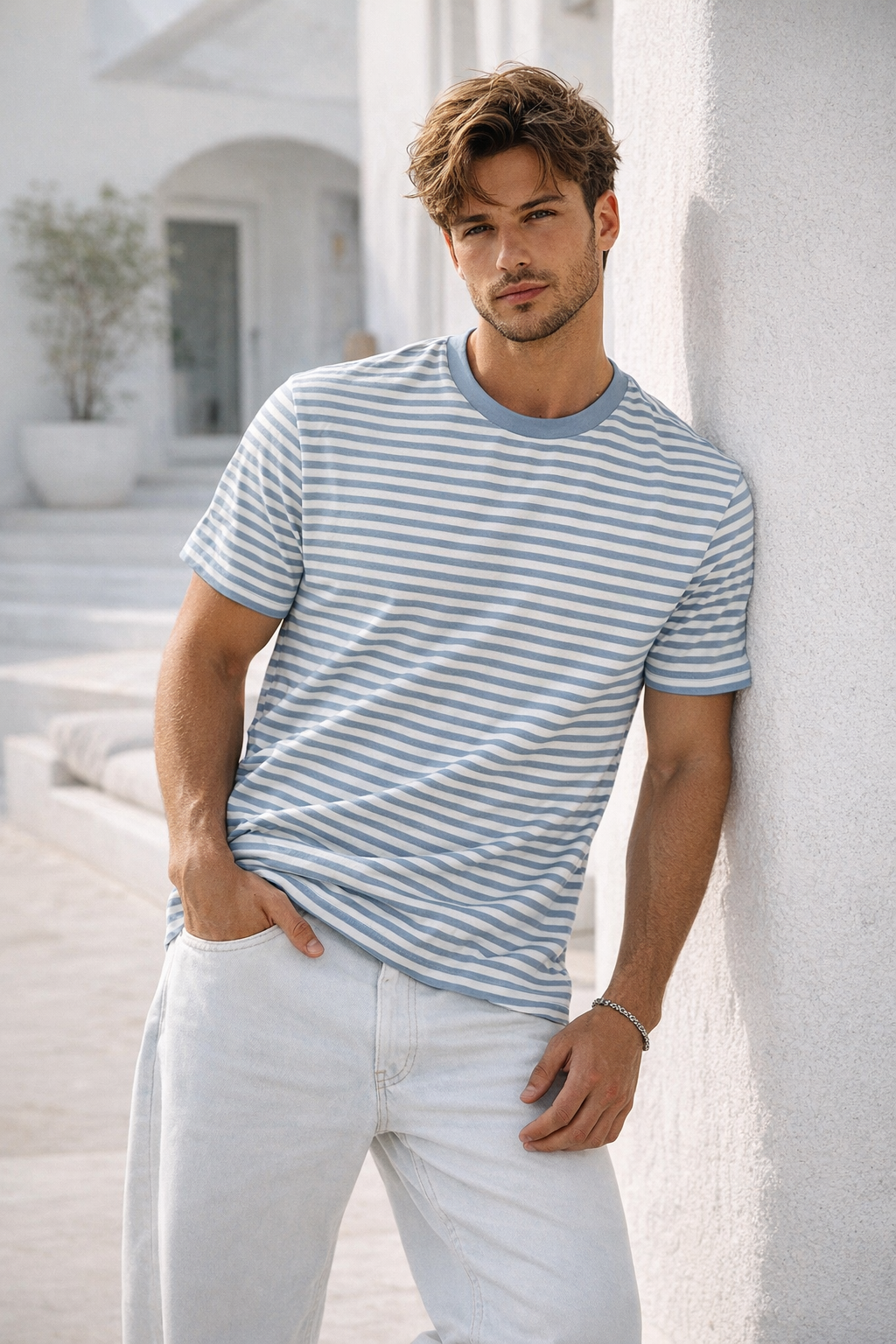 Erkek Mavi Çizgili Yumuşak Dokulu Pamuklu Basic T-Shirt