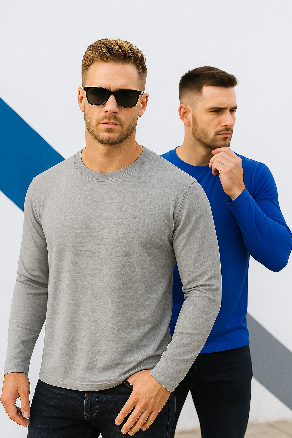 Erkek Mavi-Grimelanj 2'li Paket Basic Uzun Kollu Sporcu Body