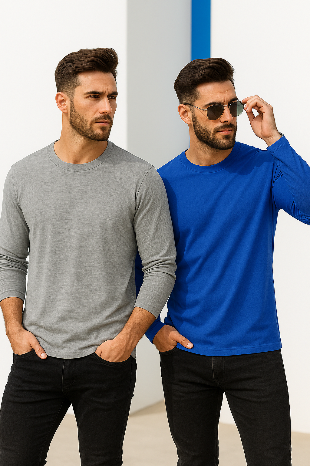 Erkek Mavi-Grimelanj 2'li Paket Basic Uzun Kollu Sporcu Body