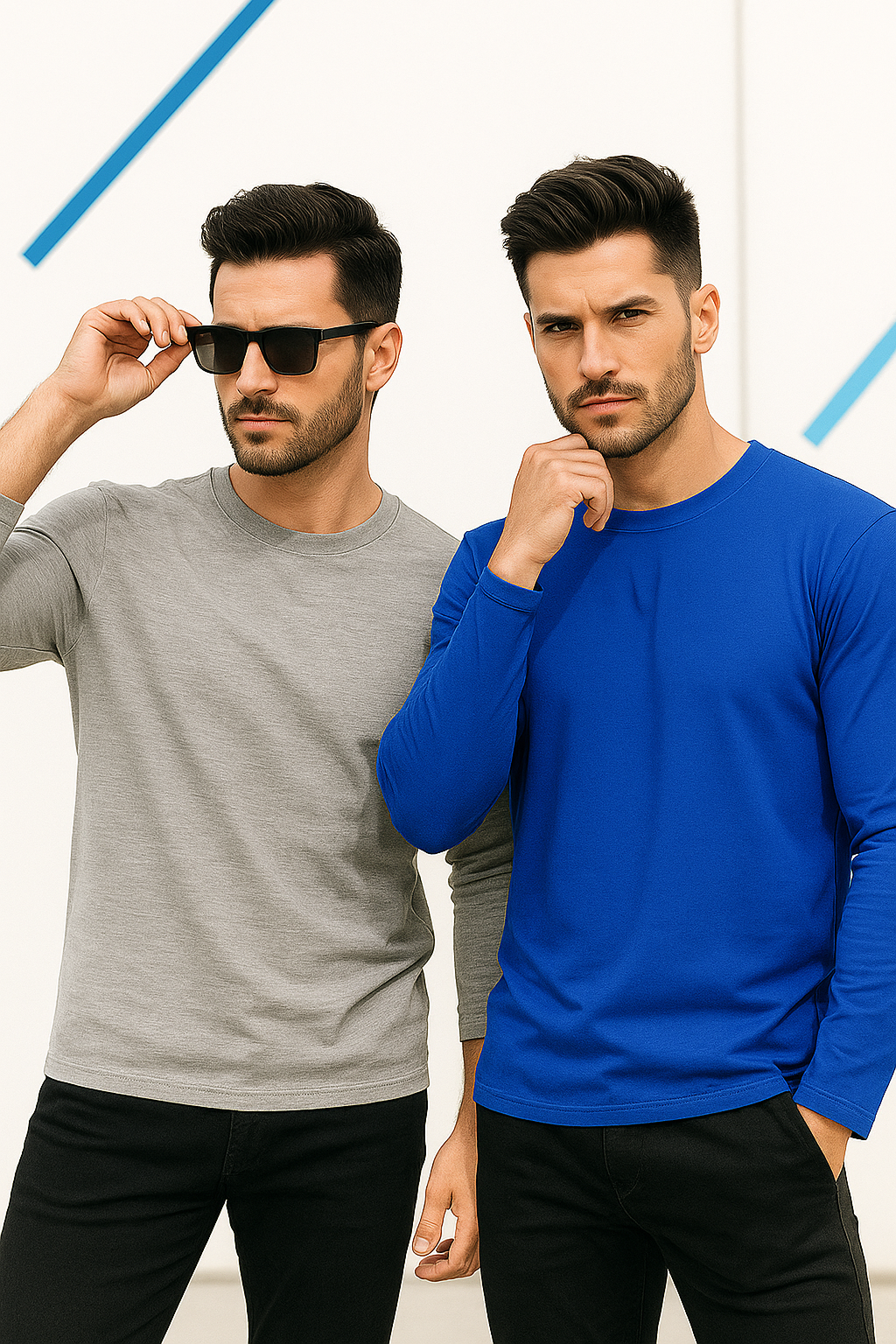 Erkek Mavi-Grimelanj 2'li Paket Basic Uzun Kollu Sporcu Body