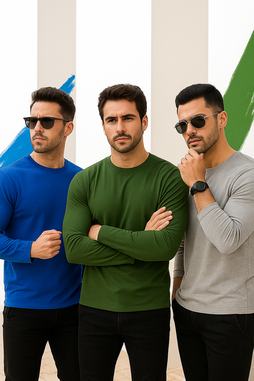 Erkek Mavi-Haki-Grimelanj 3'lü Paket Basic Uzun Kollu Sporcu Body