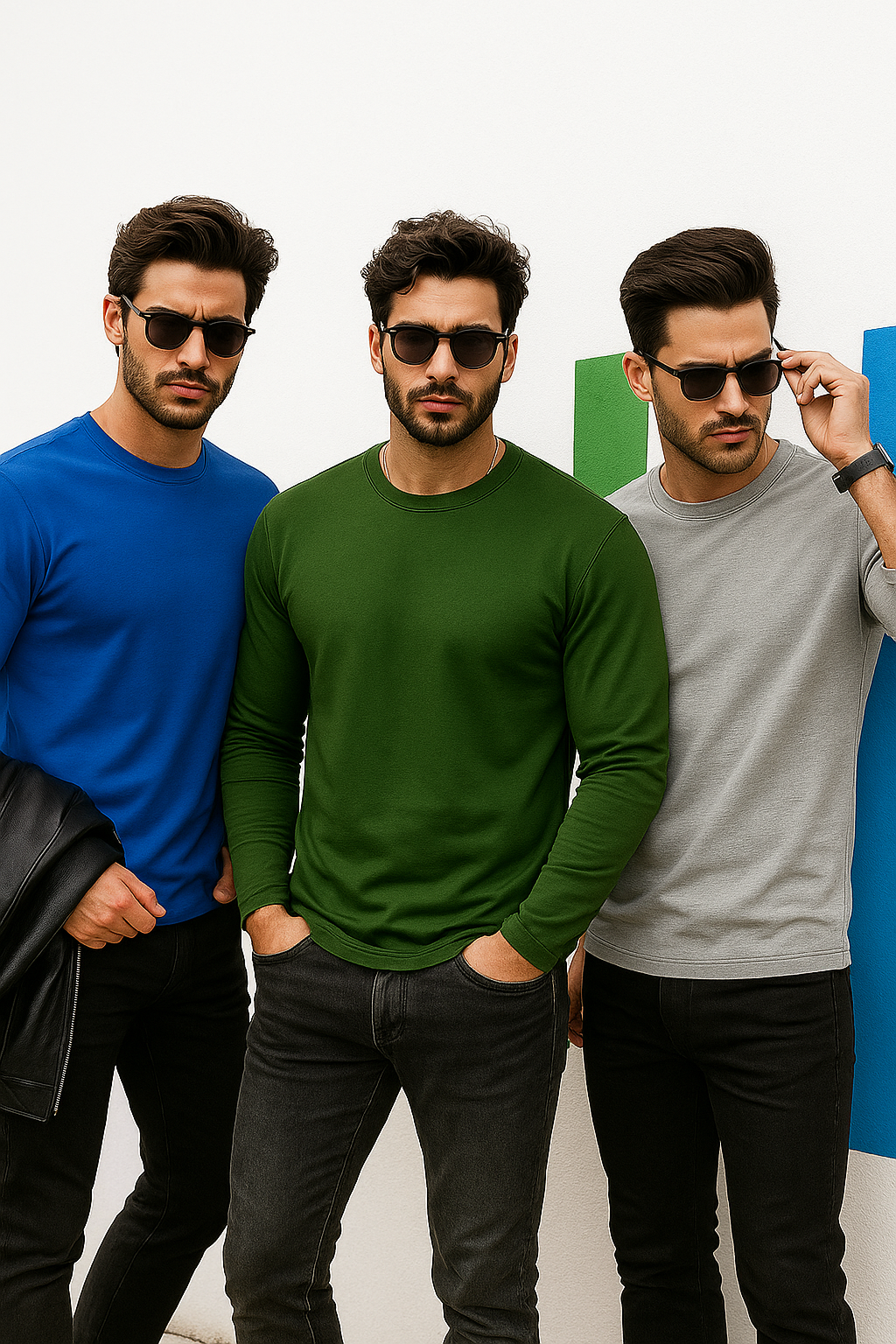 Erkek Mavi-Haki-Grimelanj 3'lü Paket Basic Uzun Kollu Sporcu Body