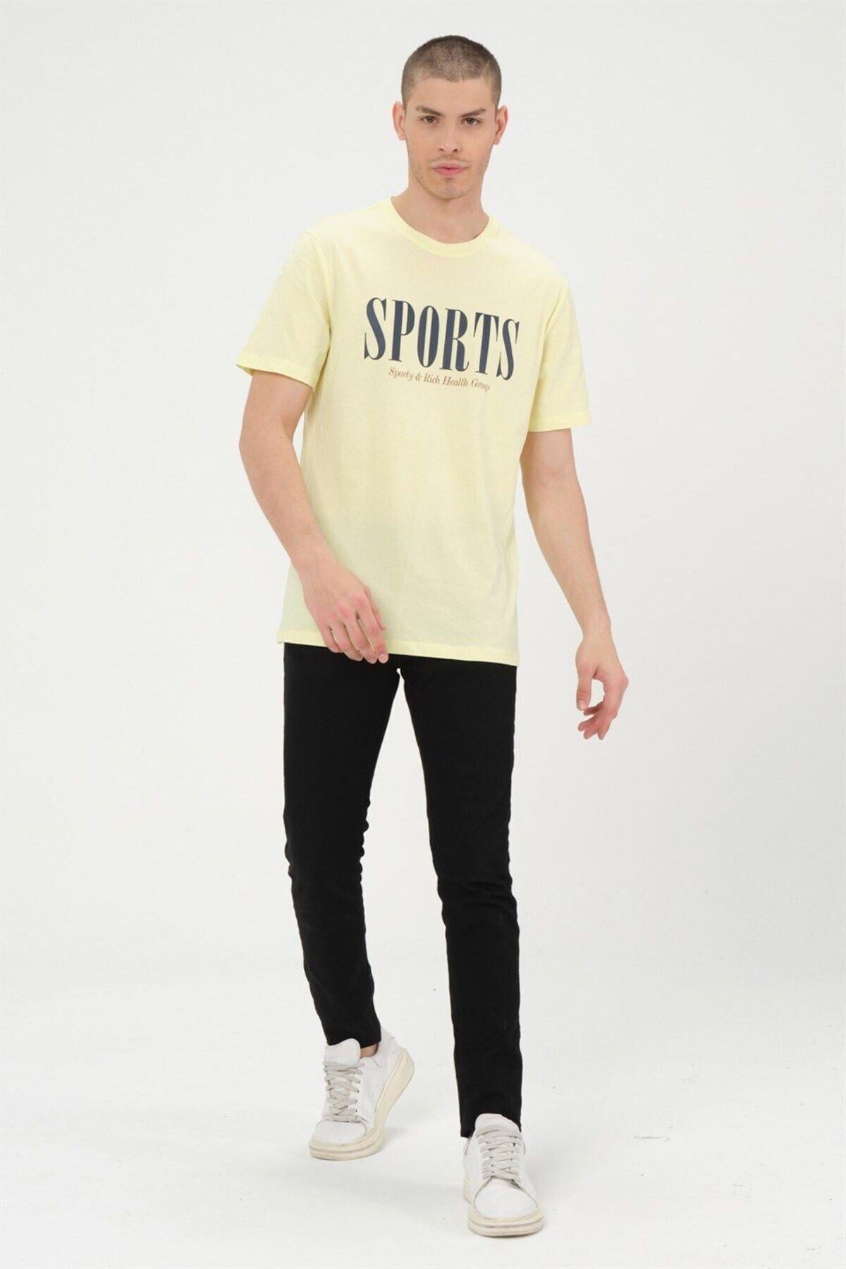 Erkek Sarı Basic T-shirt Baskılı Slim Fit %100 Pamuk Tişört
