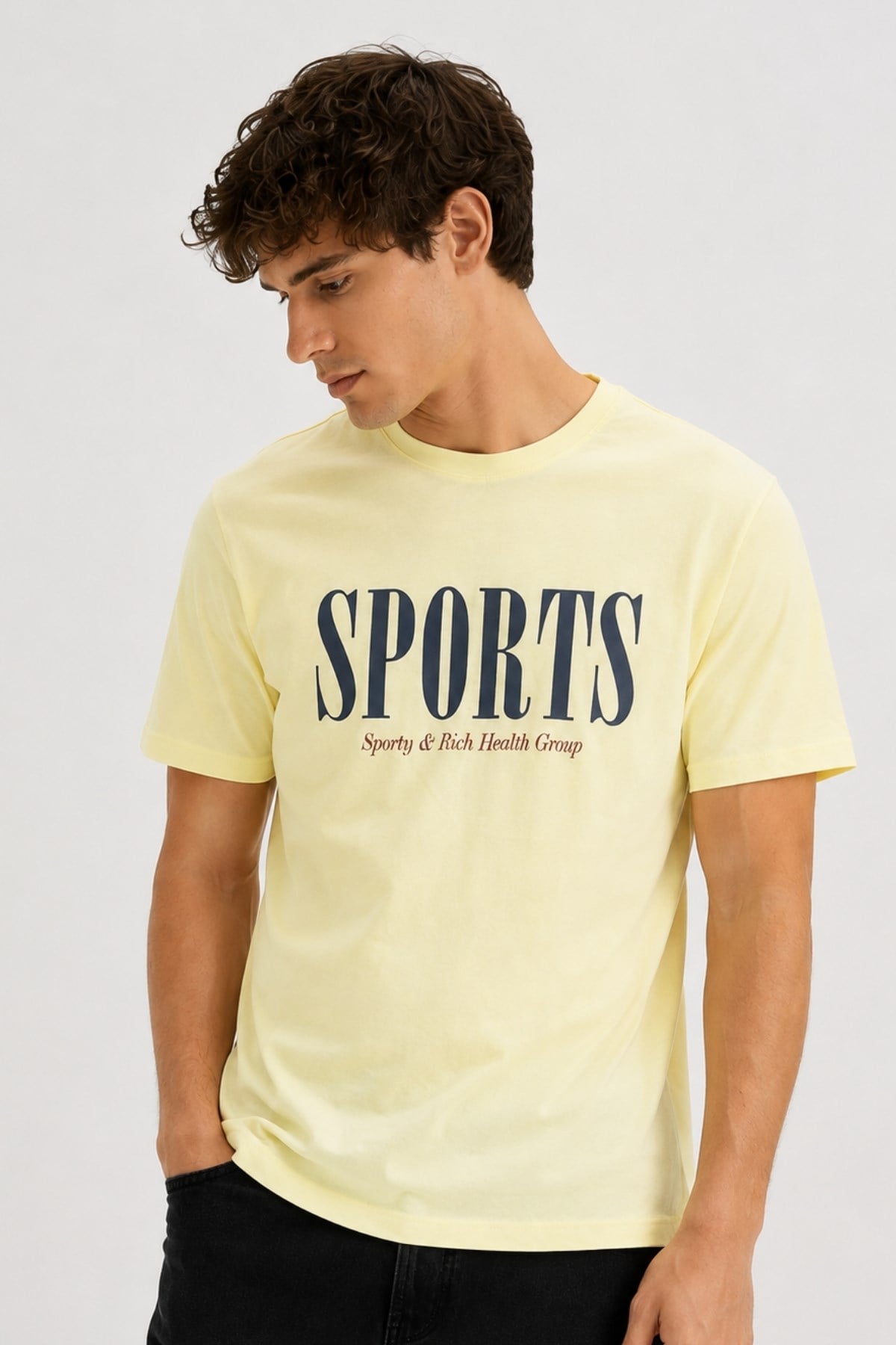 Erkek Sarı Basic T-shirt Baskılı Slim Fit %100 Pamuk Tişört
