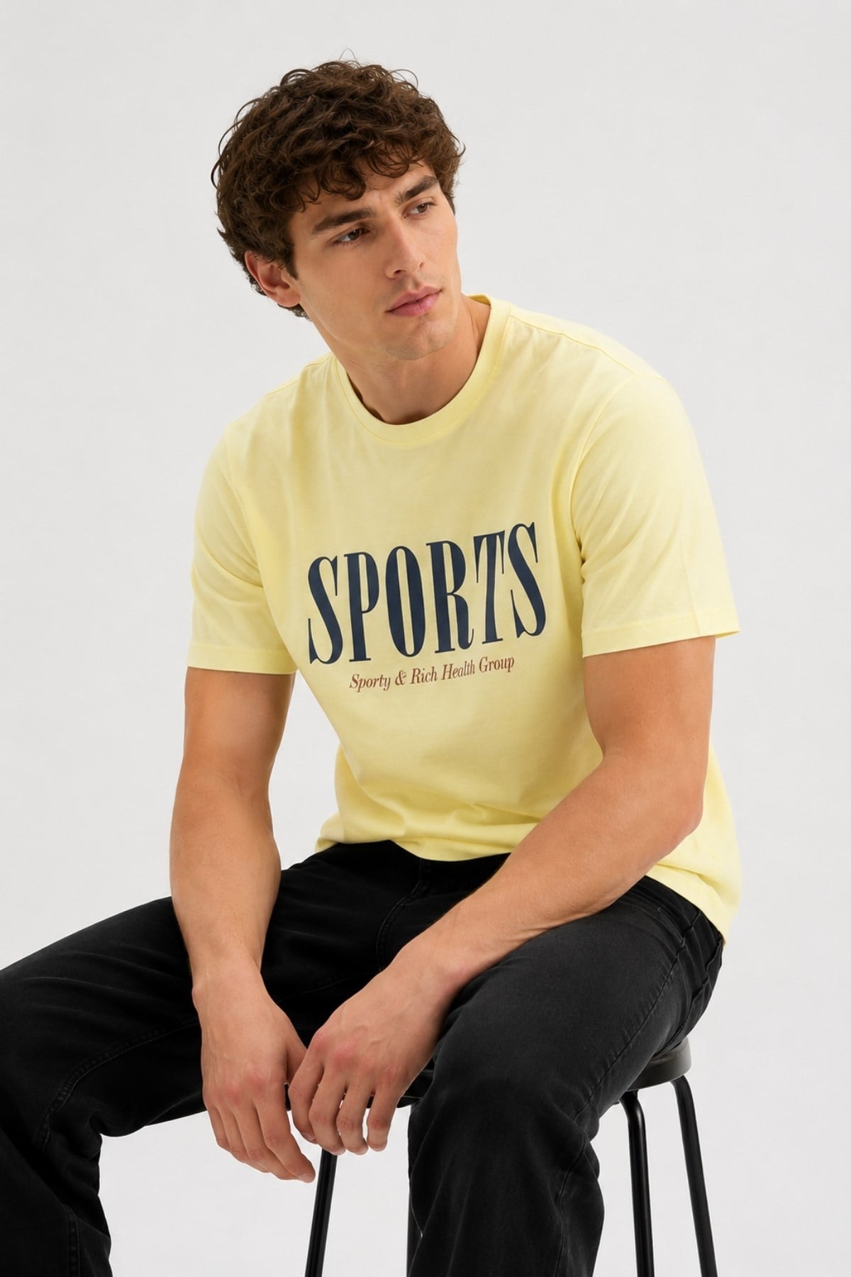 Erkek Sarı Basic T-shirt Baskılı Slim Fit %100 Pamuk Tişört