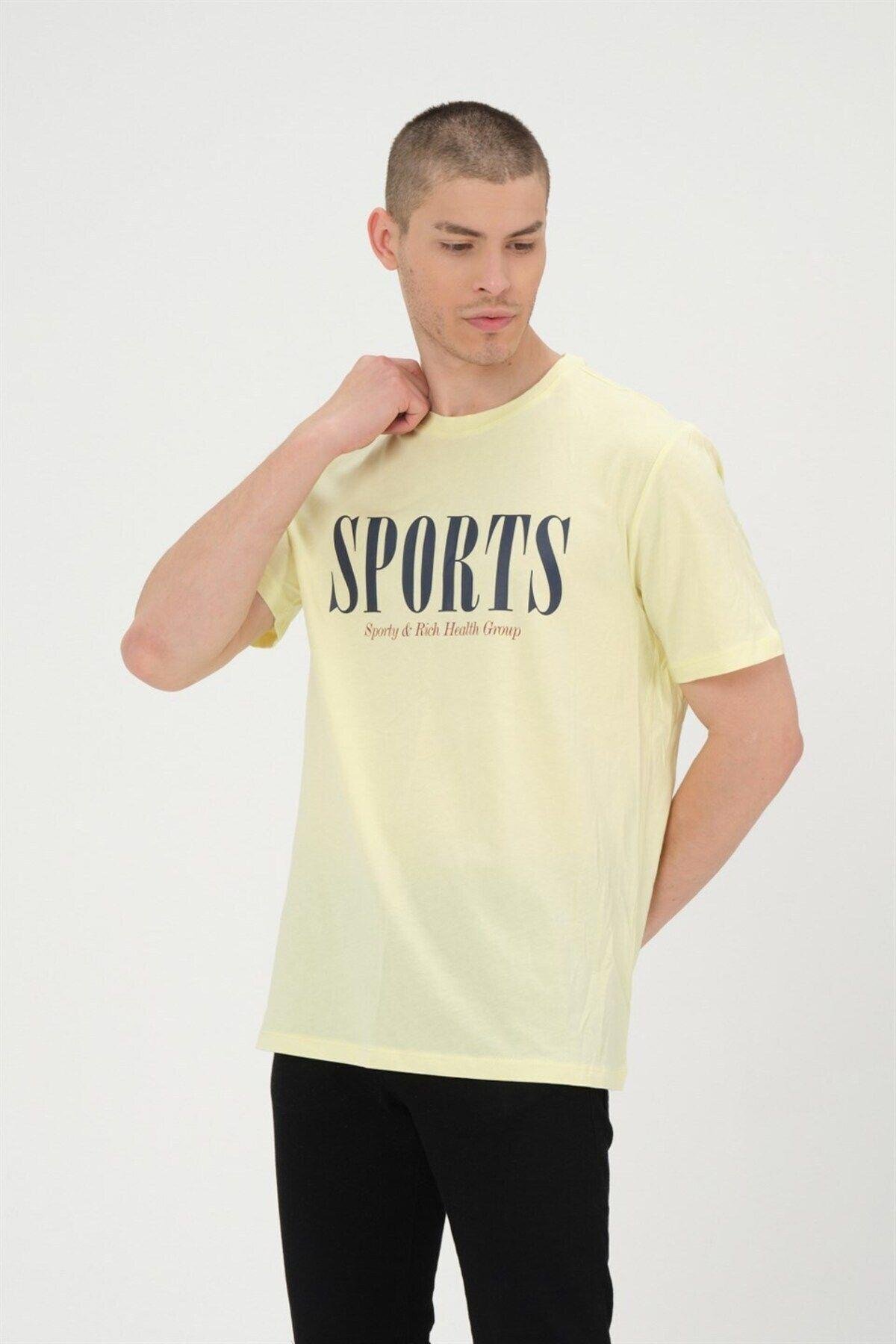 Erkek Sarı Basic T-shirt Baskılı Slim Fit %100 Pamuk Tişört