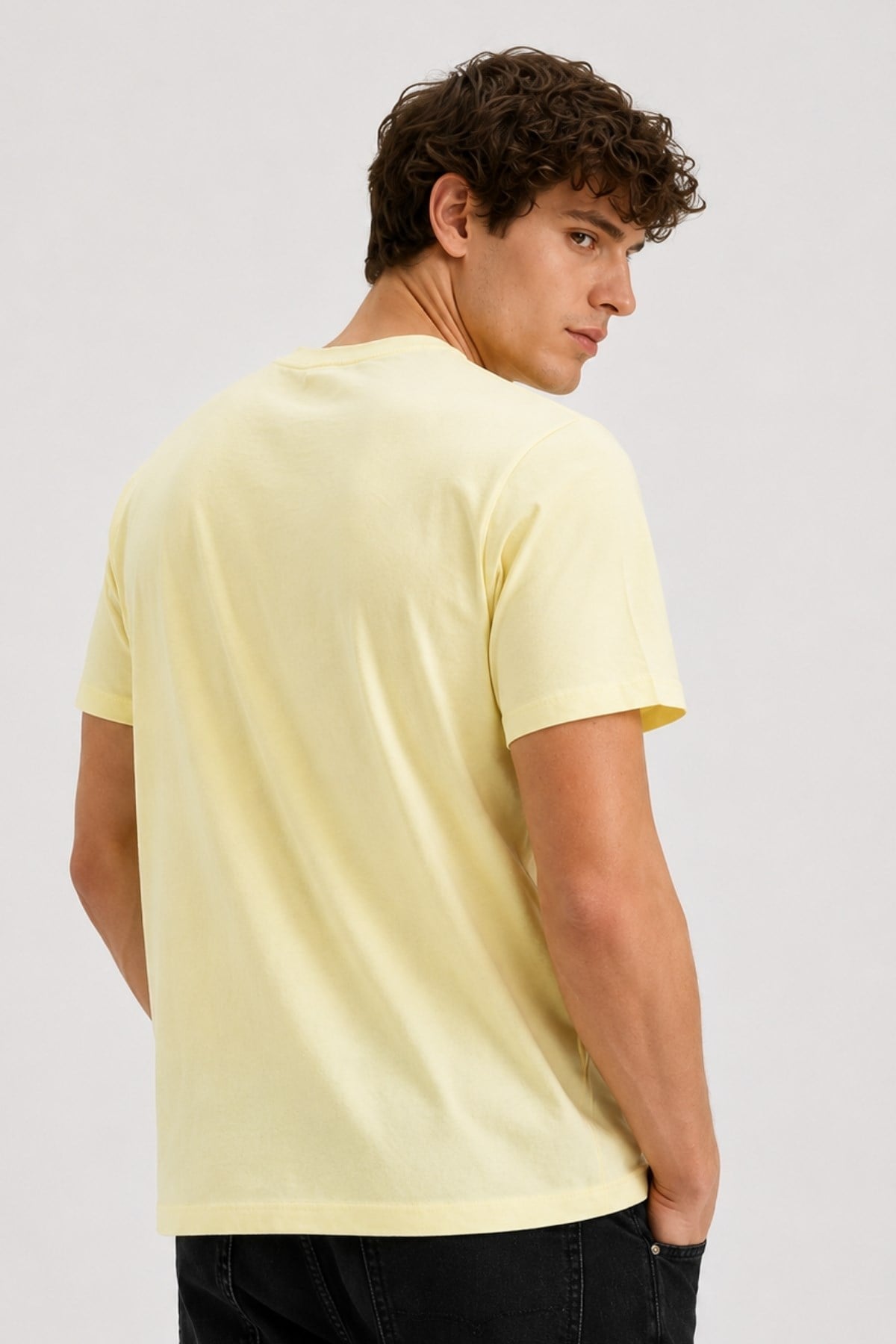 Erkek Sarı Basic T-shirt Baskılı Slim Fit %100 Pamuk Tişört