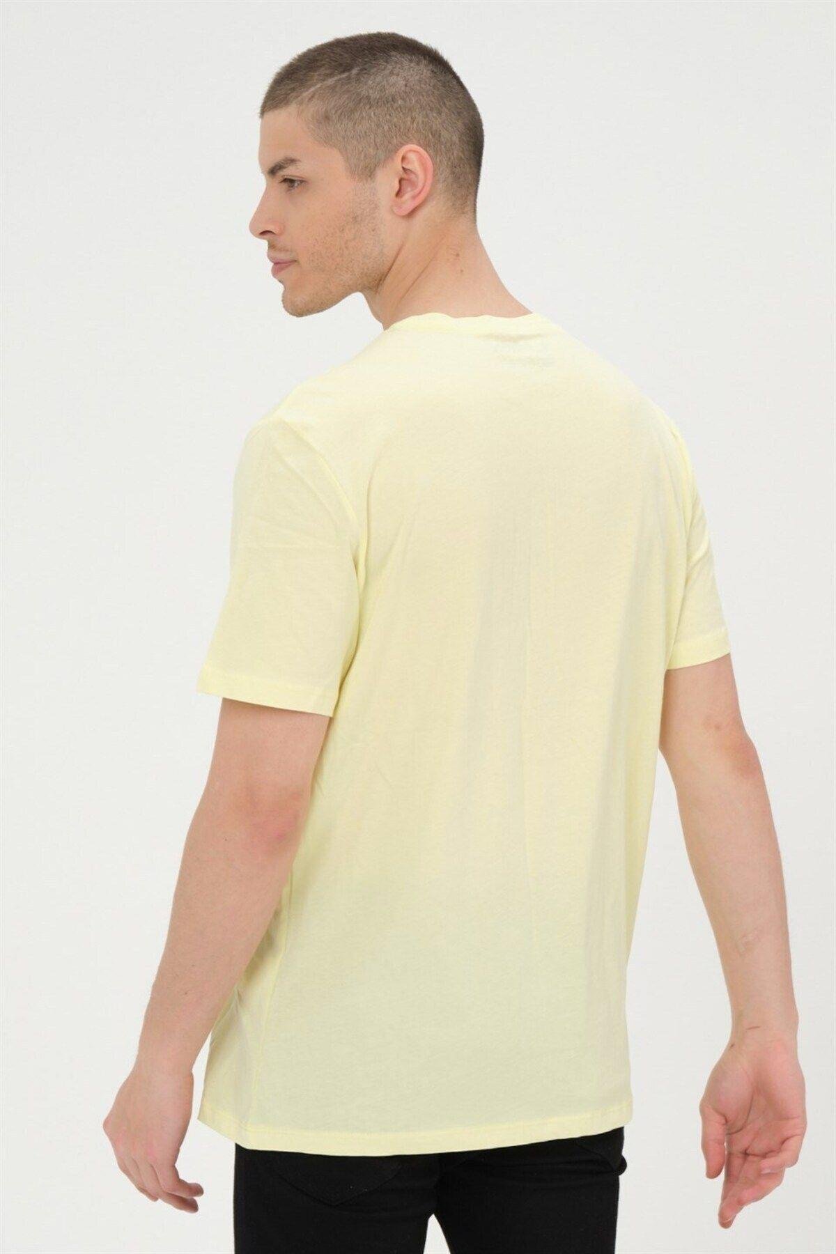 Erkek Sarı Basic T-shirt Baskılı Slim Fit %100 Pamuk Tişört