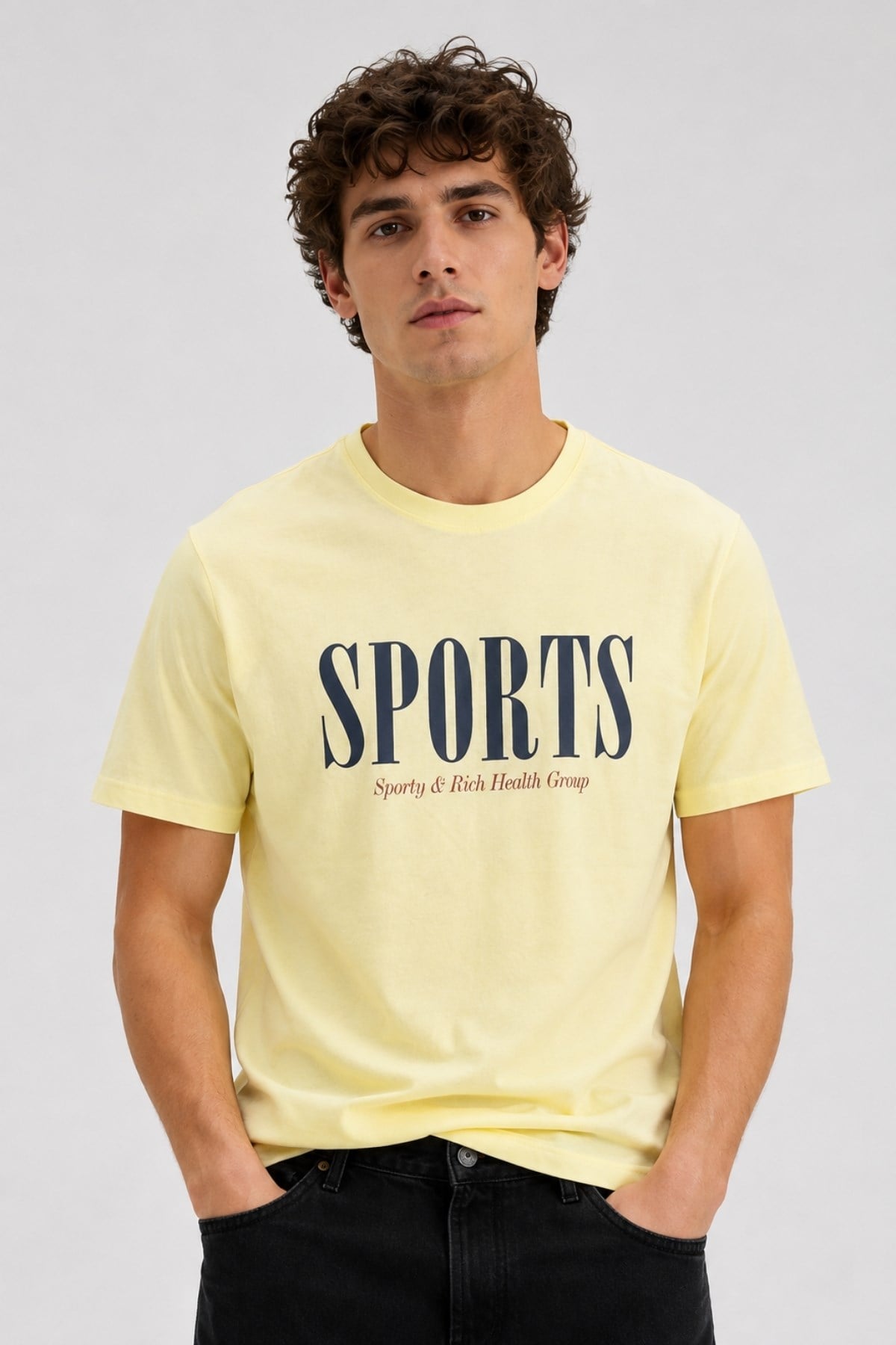 Erkek Sarı Basic T-shirt Baskılı Slim Fit %100 Pamuk Tişört