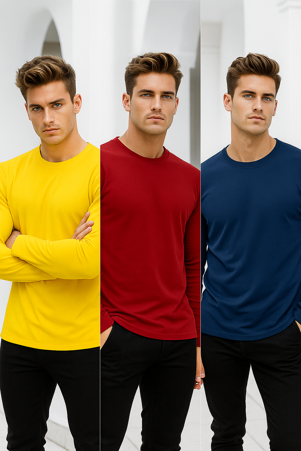 Erkek Sarı-Kırmızı-Lacivert 3'lü Paket Basic Uzun Kollu Sporcu Body
