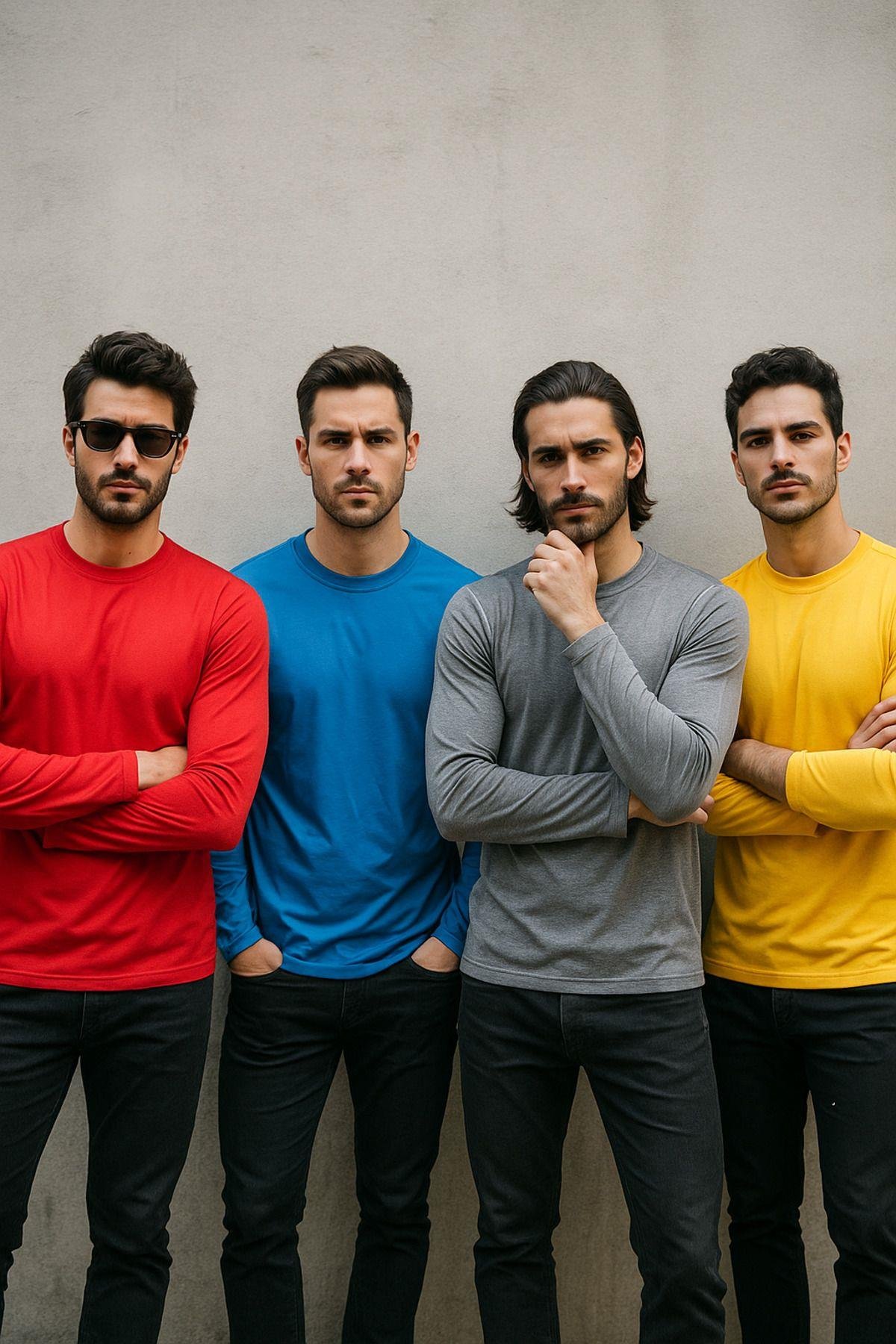 Erkek Sarı-Mavi-Kırmızı-Gri Melanj 4'lü Paket Basic Uzun Kollu Tişört Sporcu Body T-shirt