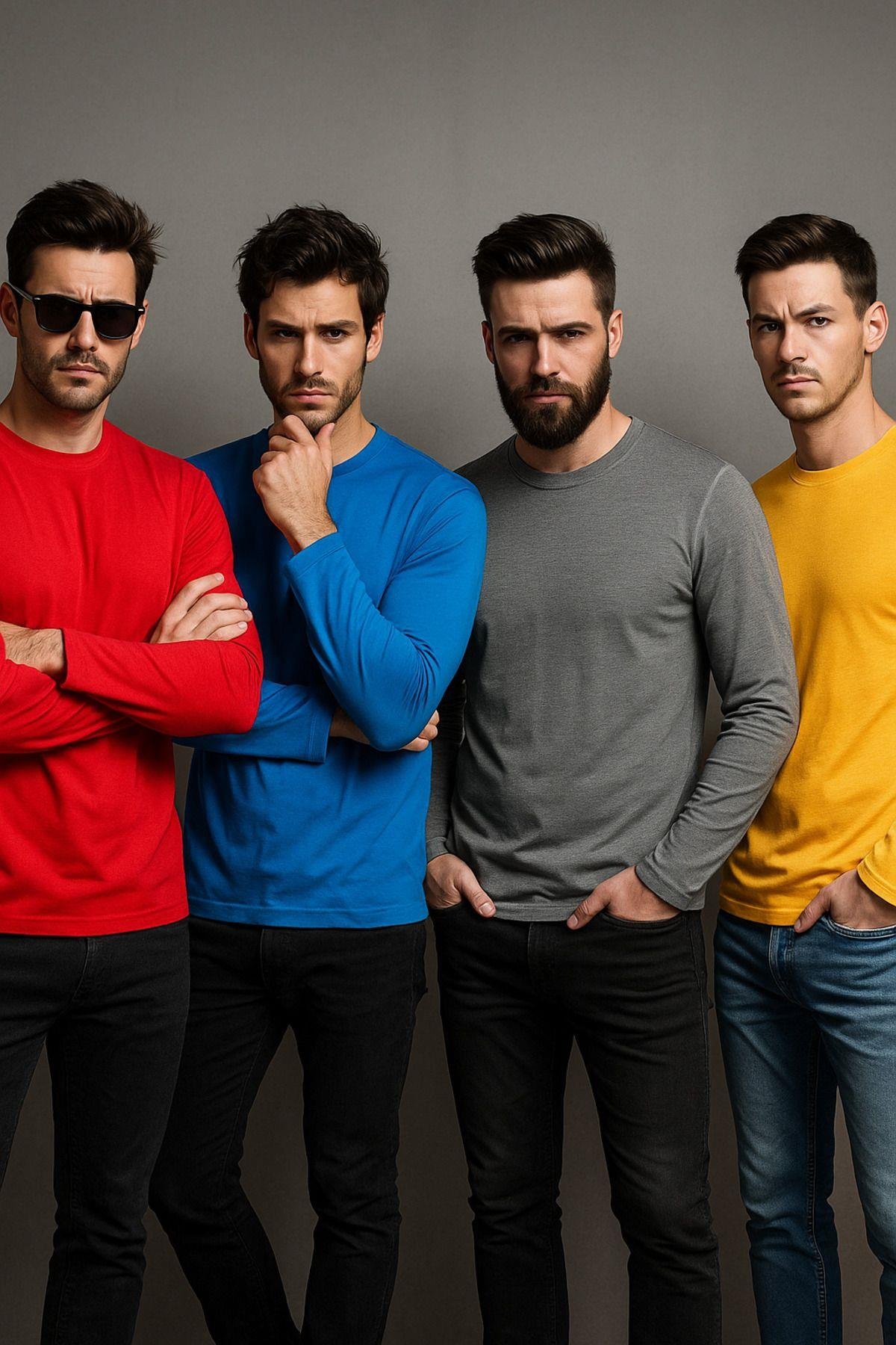 Erkek Sarı-Mavi-Kırmızı-Gri Melanj 4'lü Paket Basic Uzun Kollu Tişört Sporcu Body T-shirt