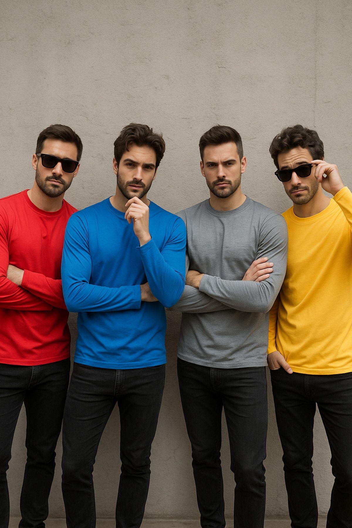 Erkek Sarı-Mavi-Kırmızı-Gri Melanj 4'lü Paket Basic Uzun Kollu Tişört Sporcu Body T-shirt