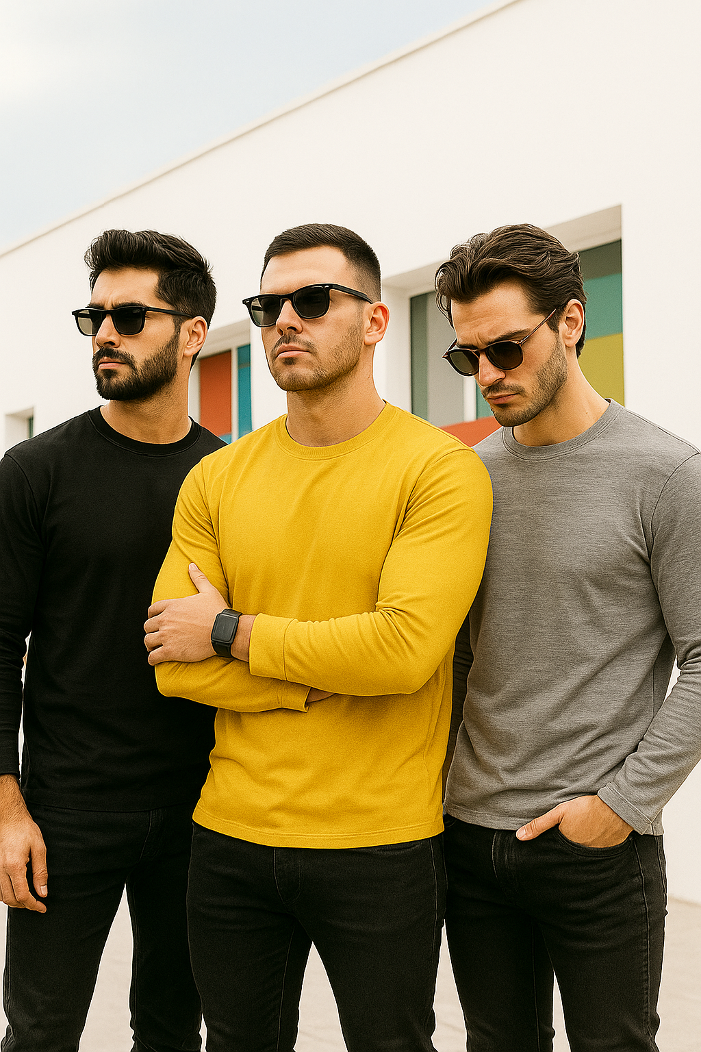 Erkek Sarı-Siyah-Grimelanj 3'lü Paket Basic Uzun Kollu Sporcu Body