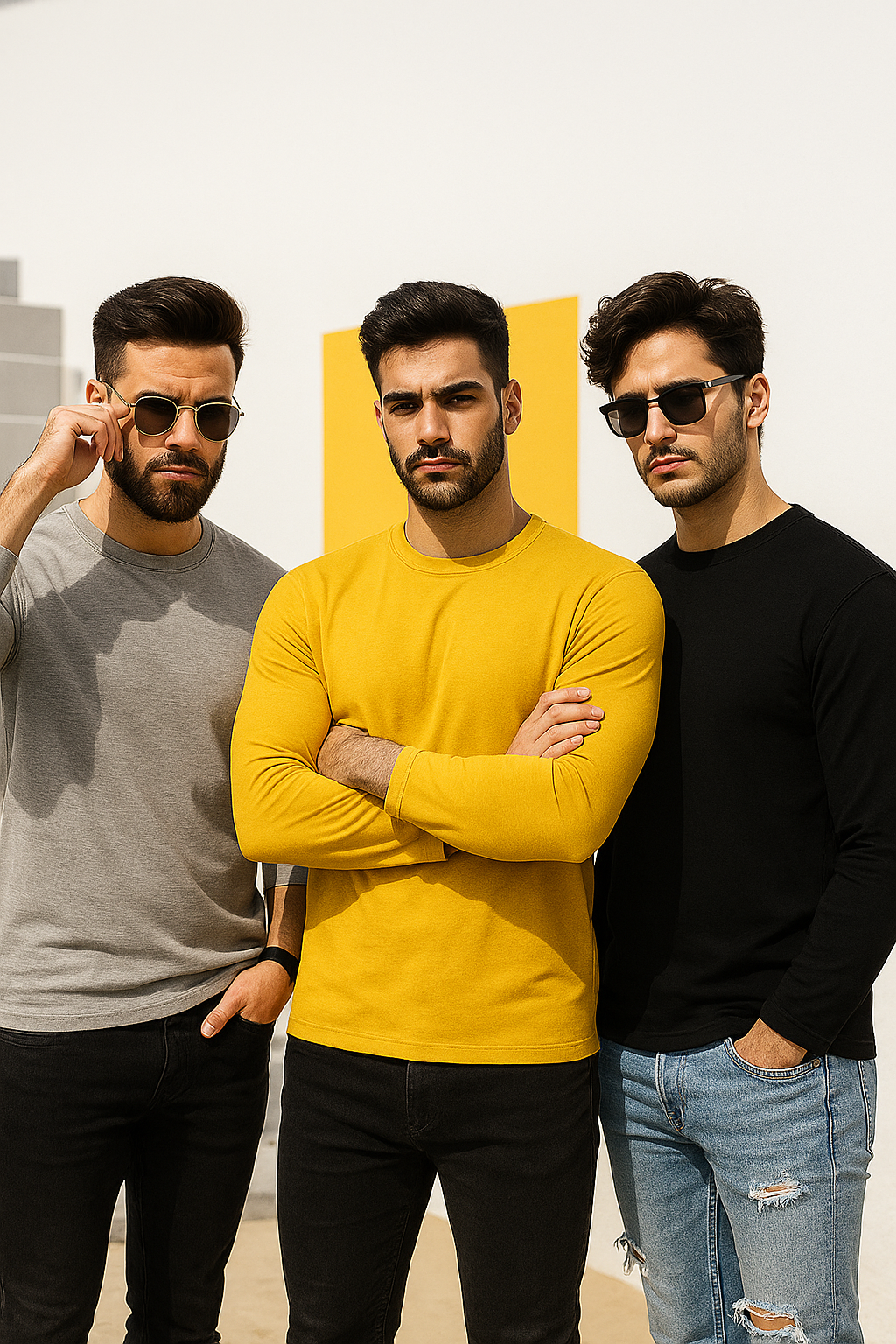 Erkek Sarı-Siyah-Grimelanj 3'lü Paket Basic Uzun Kollu Sporcu Body