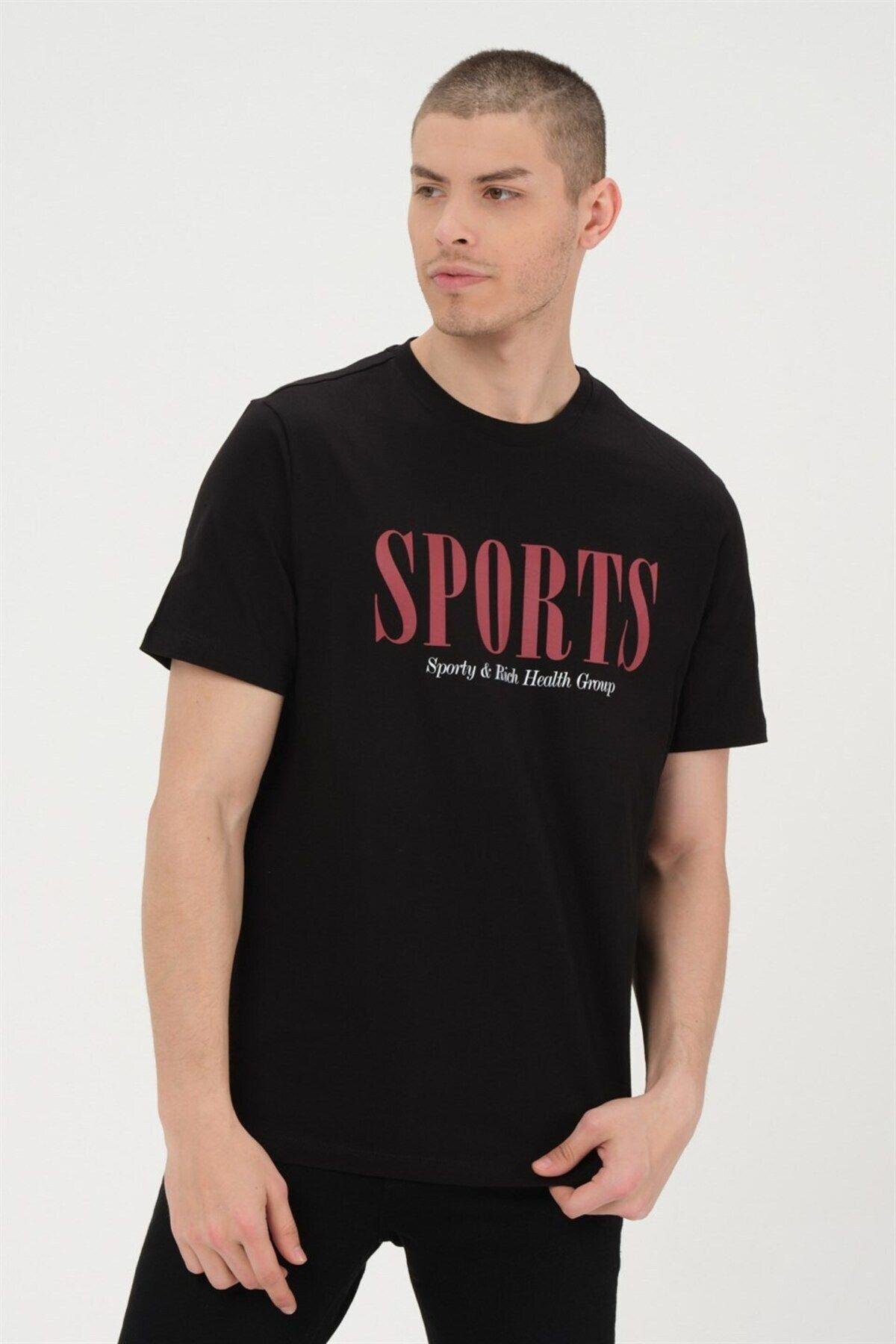 Erkek Siyah Basic T-shirt Baskılı Slim Fit %100 Pamuk Tişört