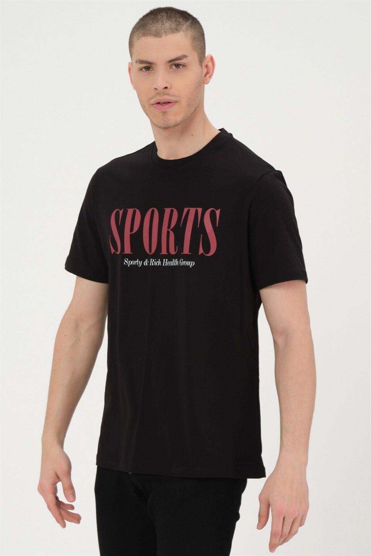 Erkek Siyah Basic T-shirt Baskılı Slim Fit %100 Pamuk Tişört