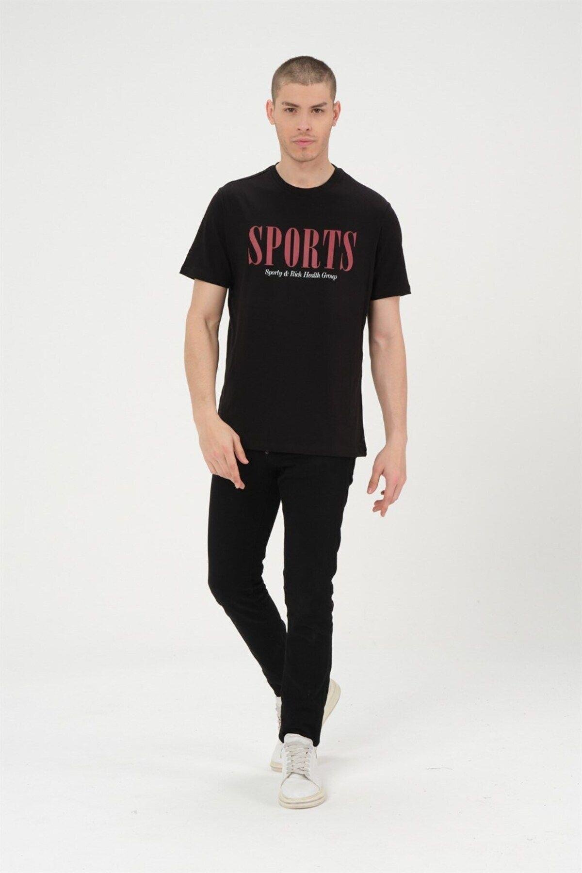 Erkek Siyah Basic T-shirt Baskılı Slim Fit %100 Pamuk Tişört