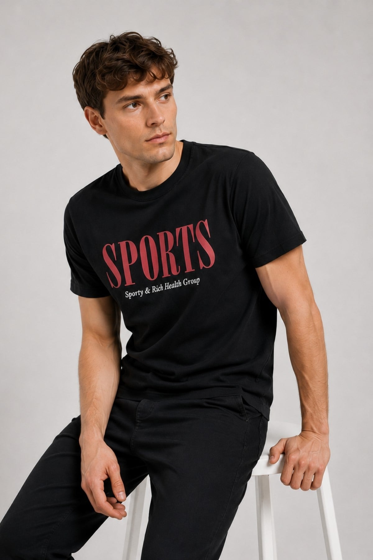 Erkek Siyah Basic T-shirt Baskılı Slim Fit %100 Pamuk Tişört