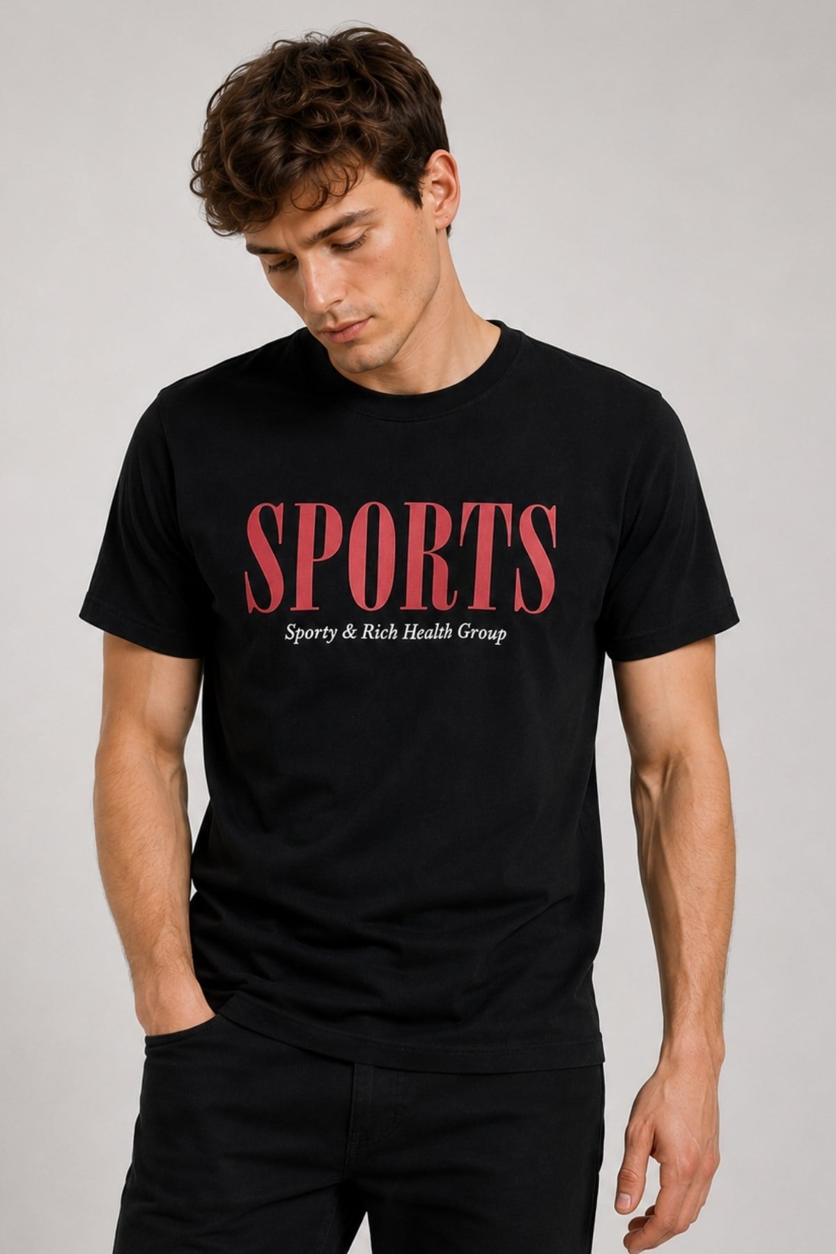 Erkek Siyah Basic T-shirt Baskılı Slim Fit %100 Pamuk Tişört