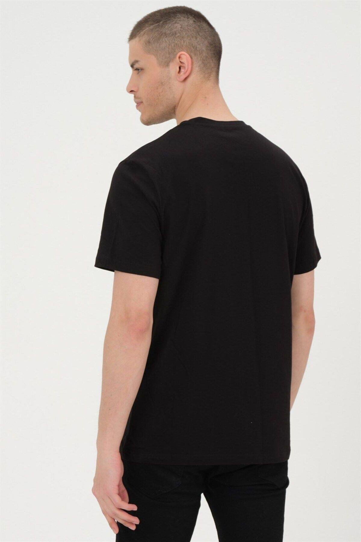 Erkek Siyah Basic T-shirt Baskılı Slim Fit %100 Pamuk Tişört